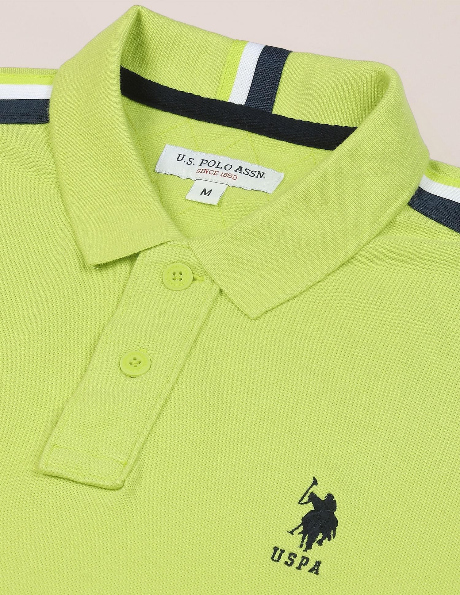 Striped Tape Solid Pure Cotton Polo Shirt Lime Green - U.S. Polo Assn. India | Large