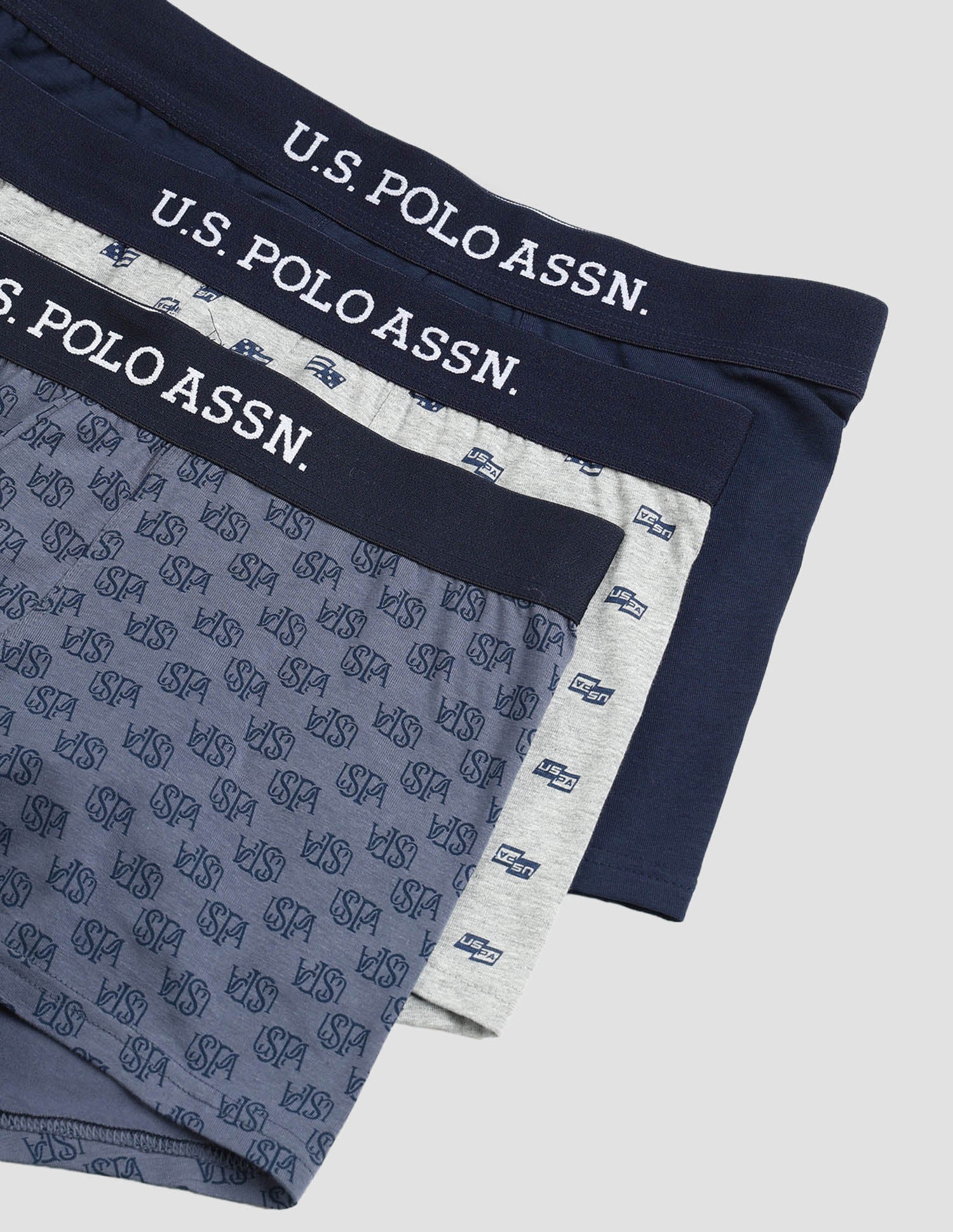 Anti Microbial Printed OET14 Trunks - Pack Of 3 Grey Melange, Blue and Navy - U.S. POLO ASSN. | Large