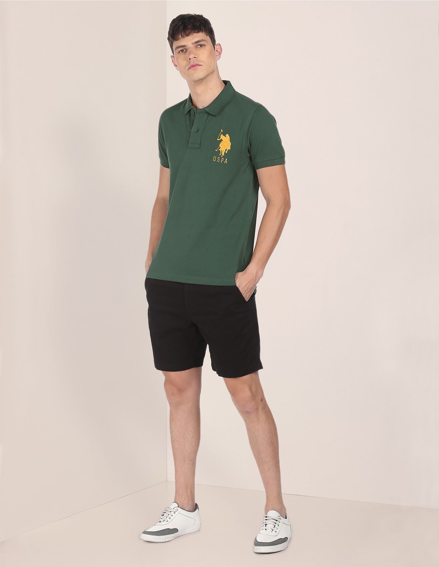 Men Dark Green Cotton Solid Polo Shirt Dark Green - U.S. POLO ASSN. | Large