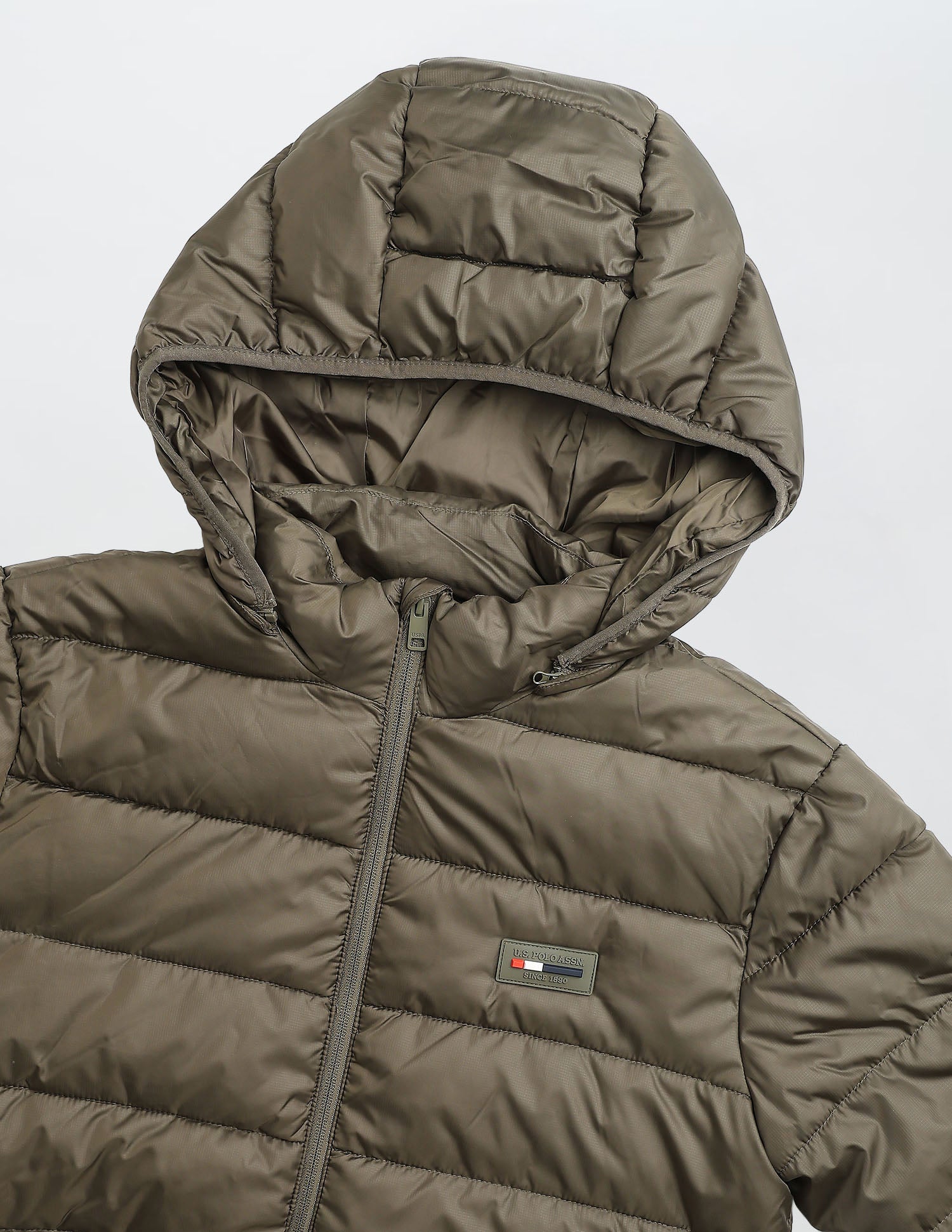 Removable Hood Solid Puffer Jacket Olive - U.S. Polo Assn. India | Large
