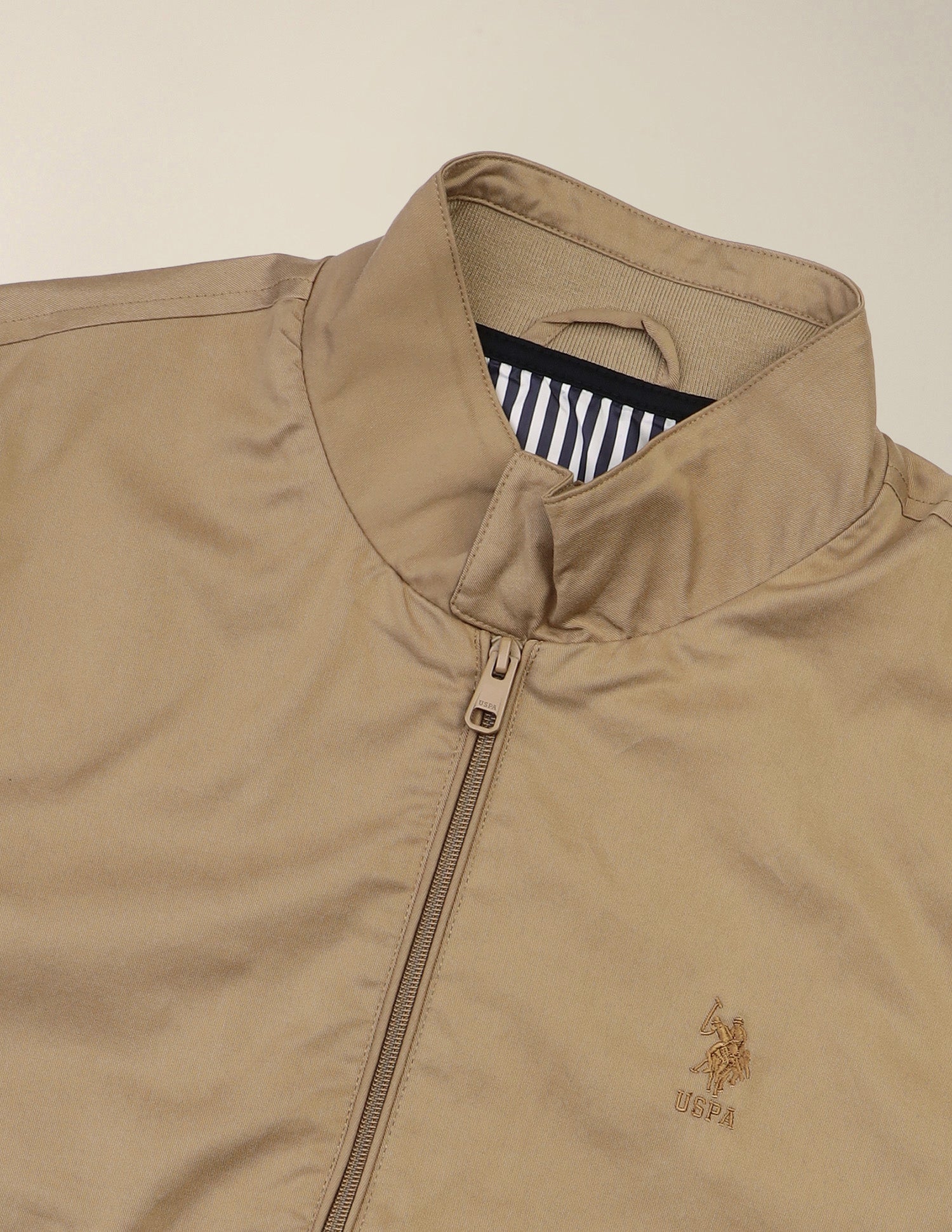 Solid Regular Fit Bomber Jacket Khaki - U.S. Polo Assn. India | Large