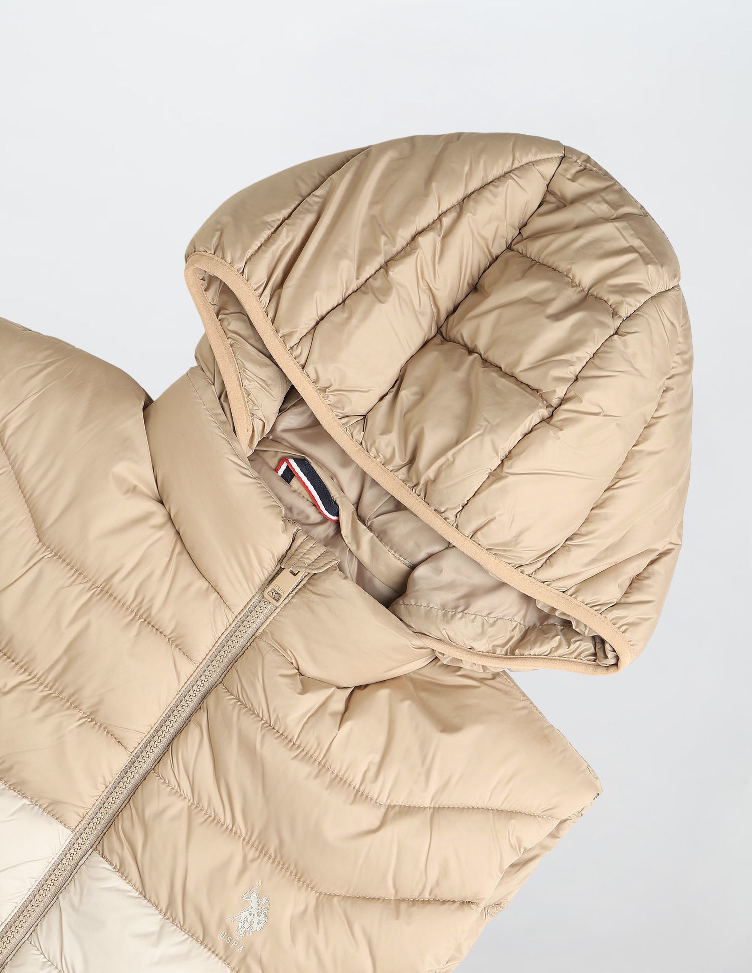 Colour Blocked Removable Hood Puffer Jacket Ecru - U.S. POLO ASSN. | Large