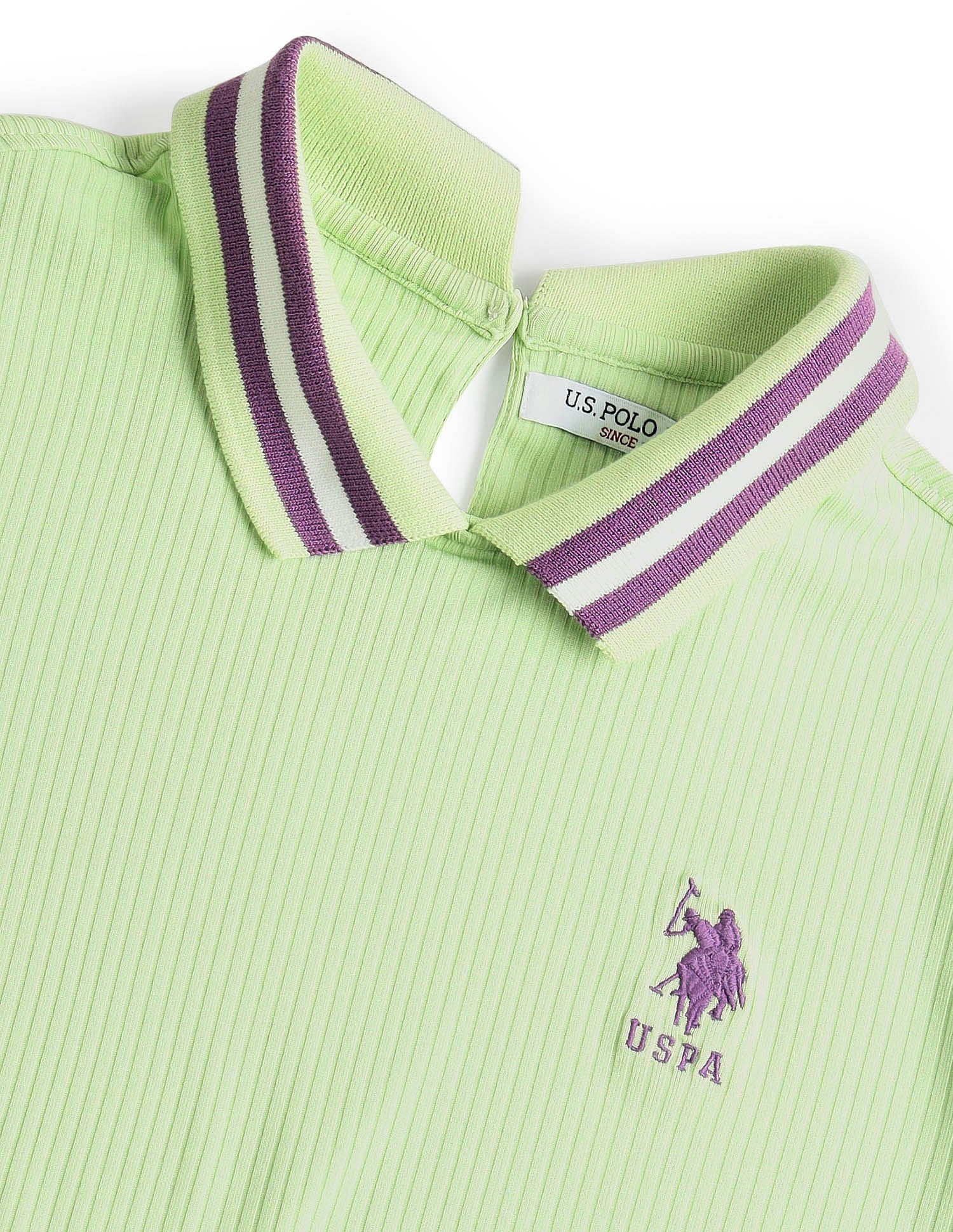 Striped Collar Solid Polo Shirt Light Green - U.S. POLO ASSN. | Large