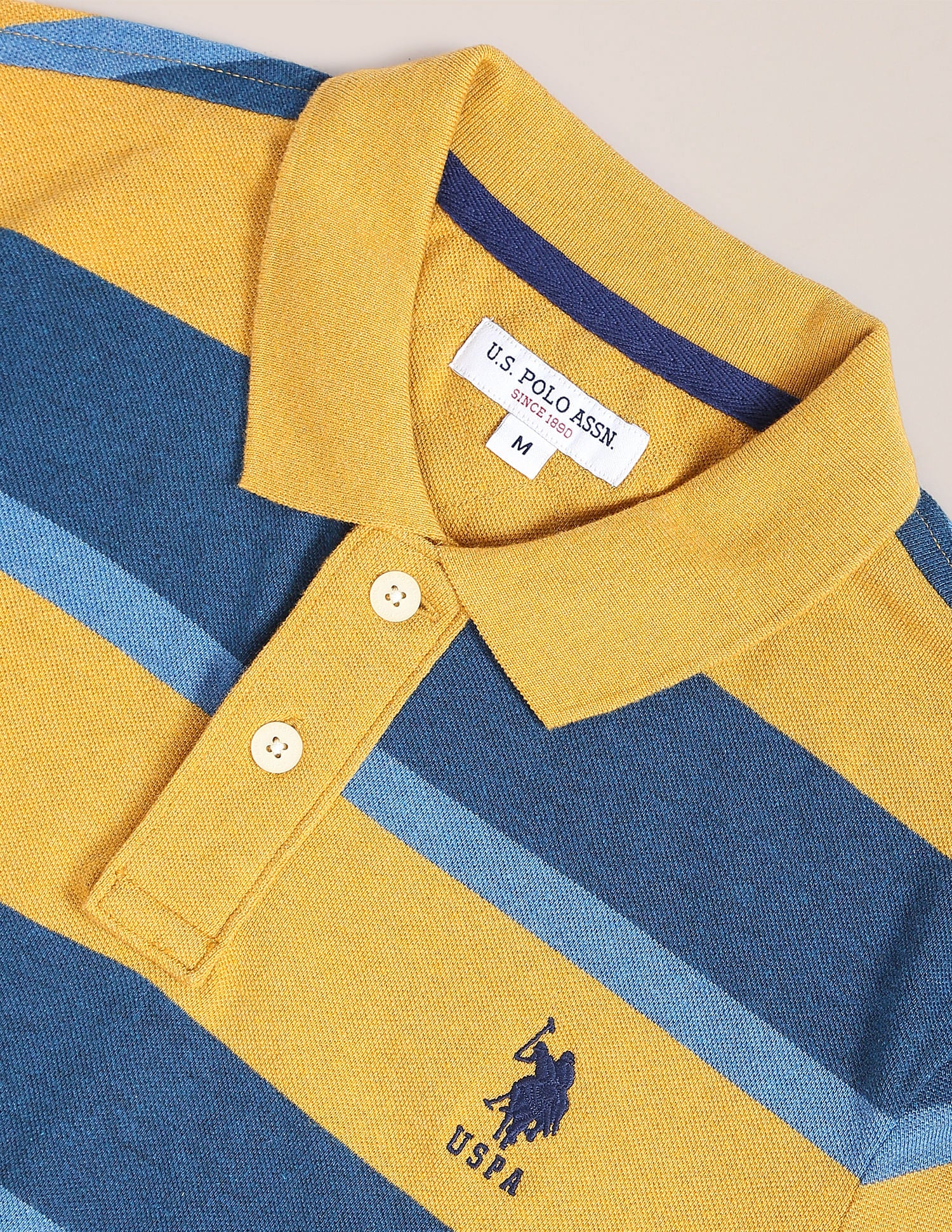 Ribbed Collar Horizontal Striped Polo Shirt Mustard and Blue - U.S. Polo Assn. India | Large