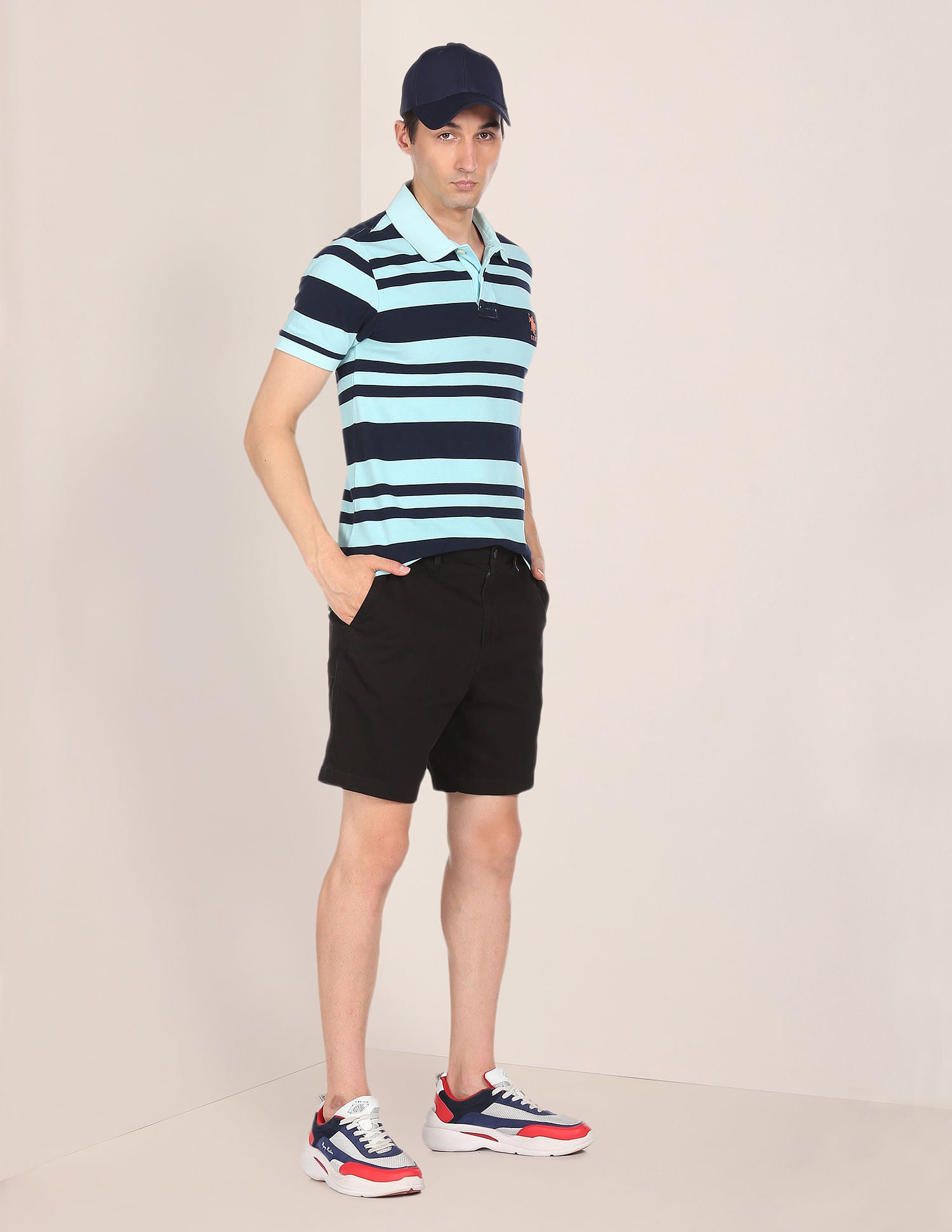 Ribbed Collar Striped Polo Shirt Aqua and Navy - U.S. Polo Assn. India | Large