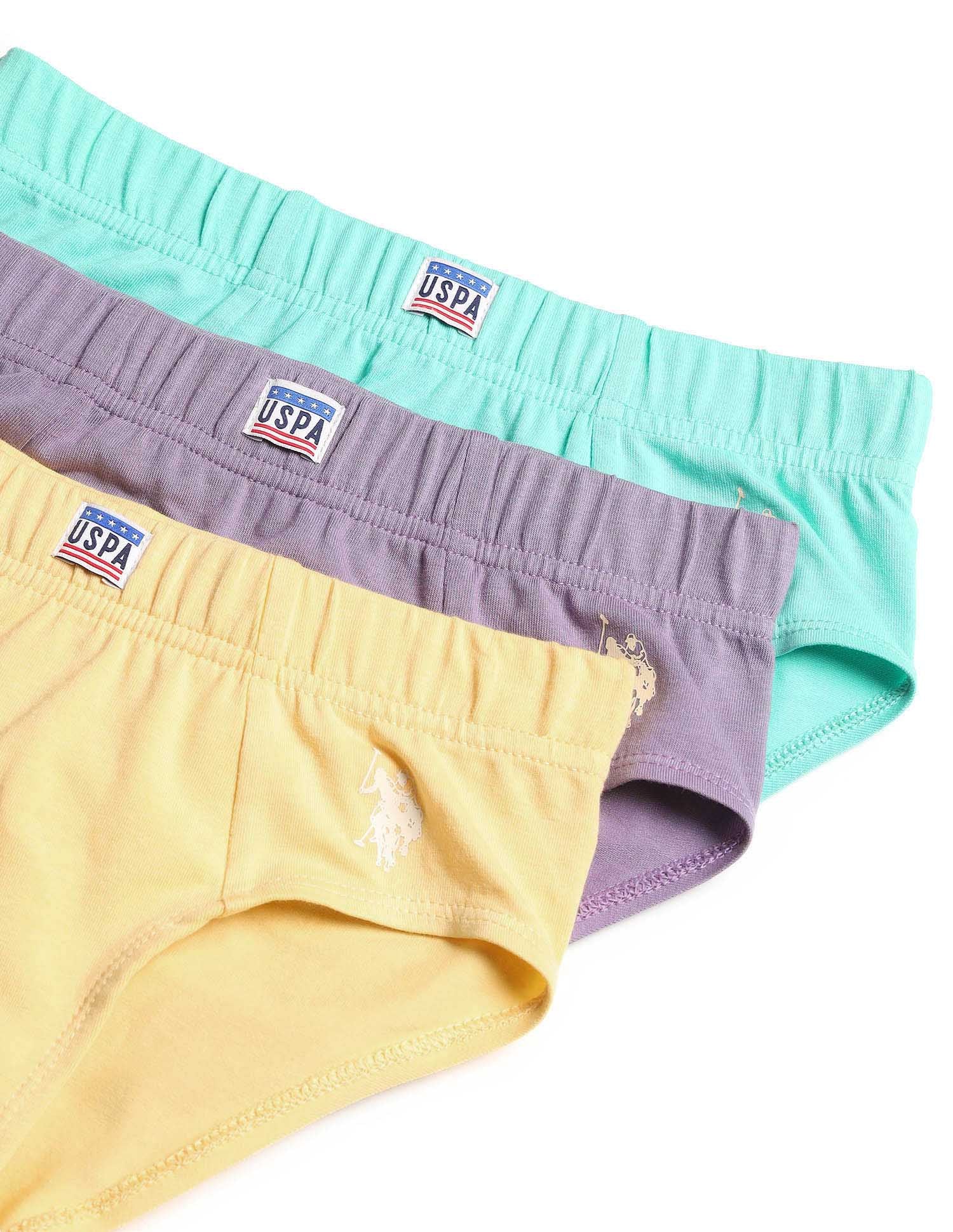 Boys Cotton Spandex Solid Briefs - Pack Of 3 Purple, Yellow and Green - U.S. POLO ASSN. | Large