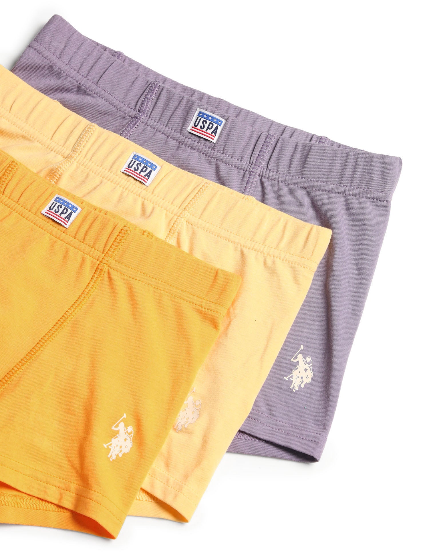 Boys Cotton Spandex Solid Trunks - Pack Of 3 Orange, Purple and Yellow - U.S. POLO ASSN. | Large