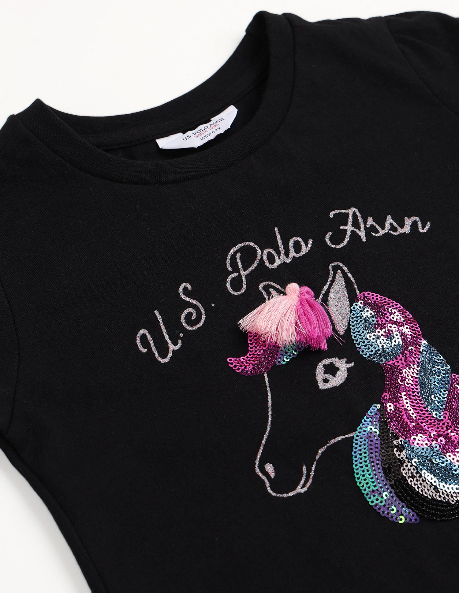 Girls Embellished Crew Neck T-Shirt Black - U.S. Polo Assn. India | Large