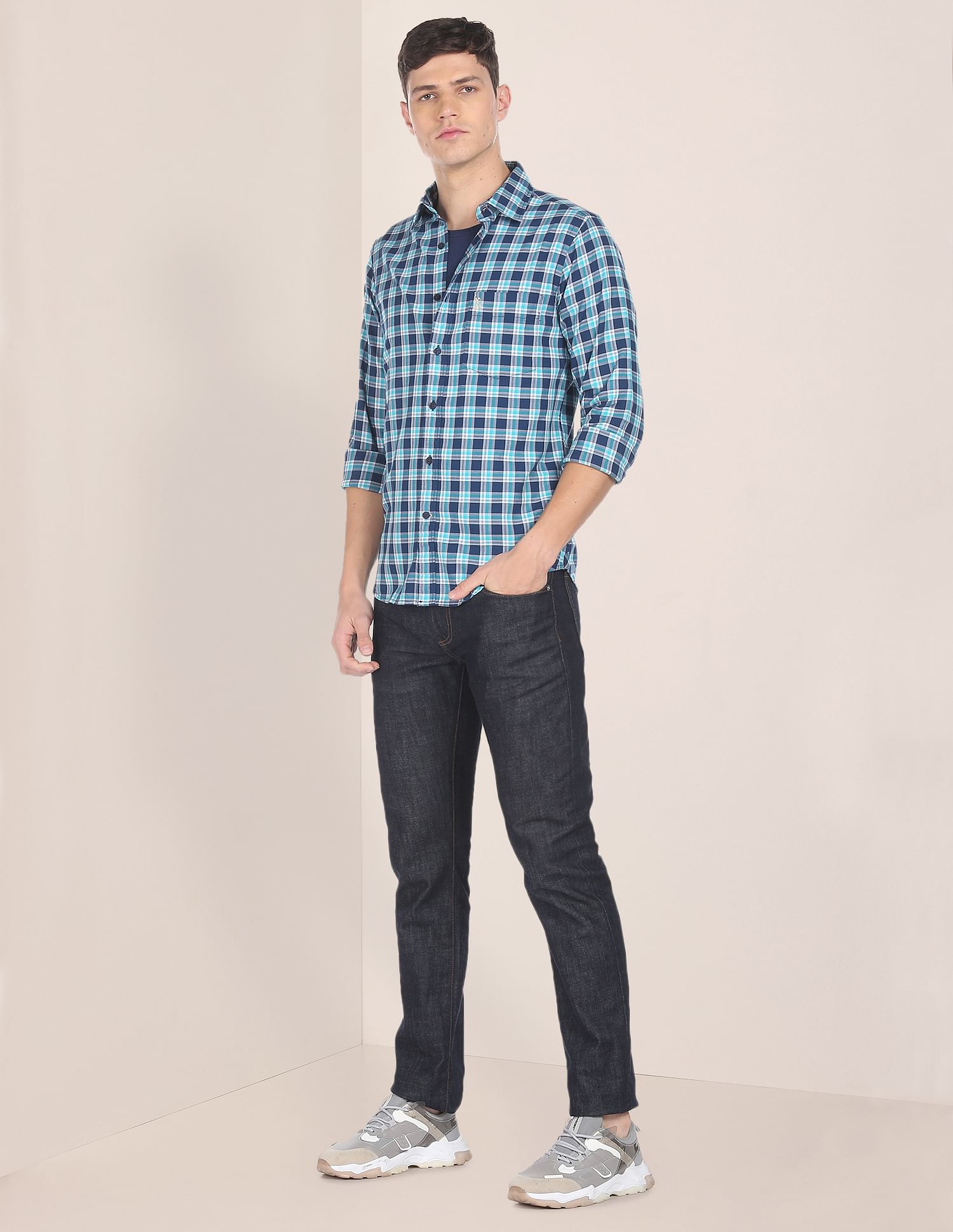 Men Navy And Aqua Spread Collar Check Casual Shirt Navy and Aqua - U.S. Polo Assn. India | Large