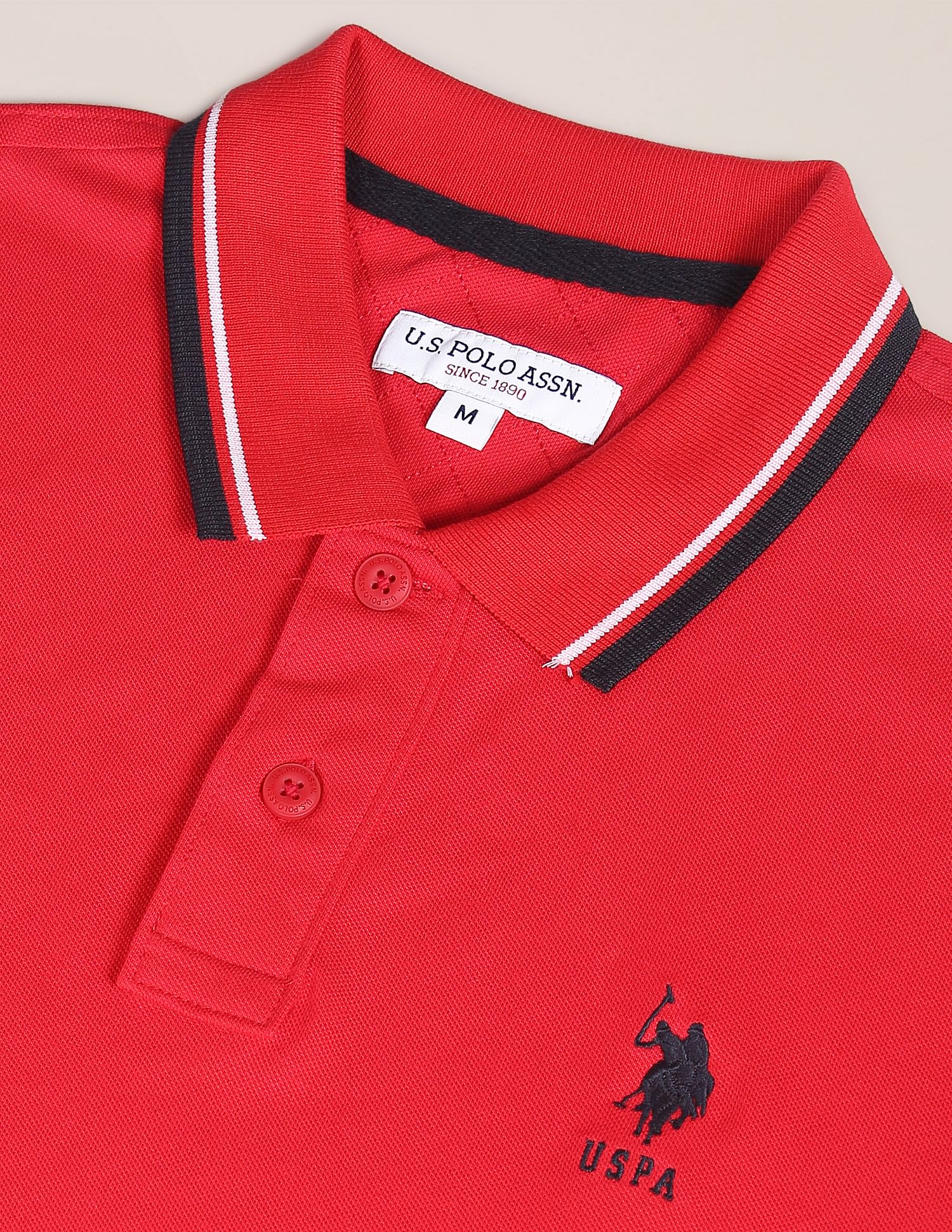 Striped Collar Cotton Polo Shirt Red - U.S. POLO ASSN. | Large