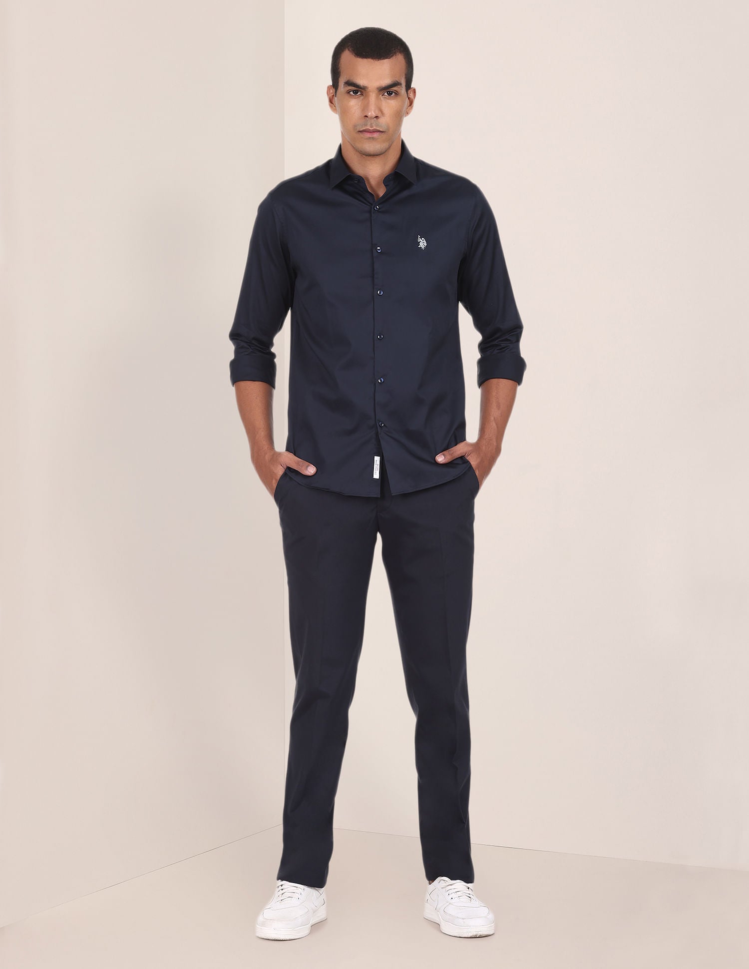 Barrel Cuff Cotton Stretch Shirt Navy - U.S. POLO ASSN. | Large