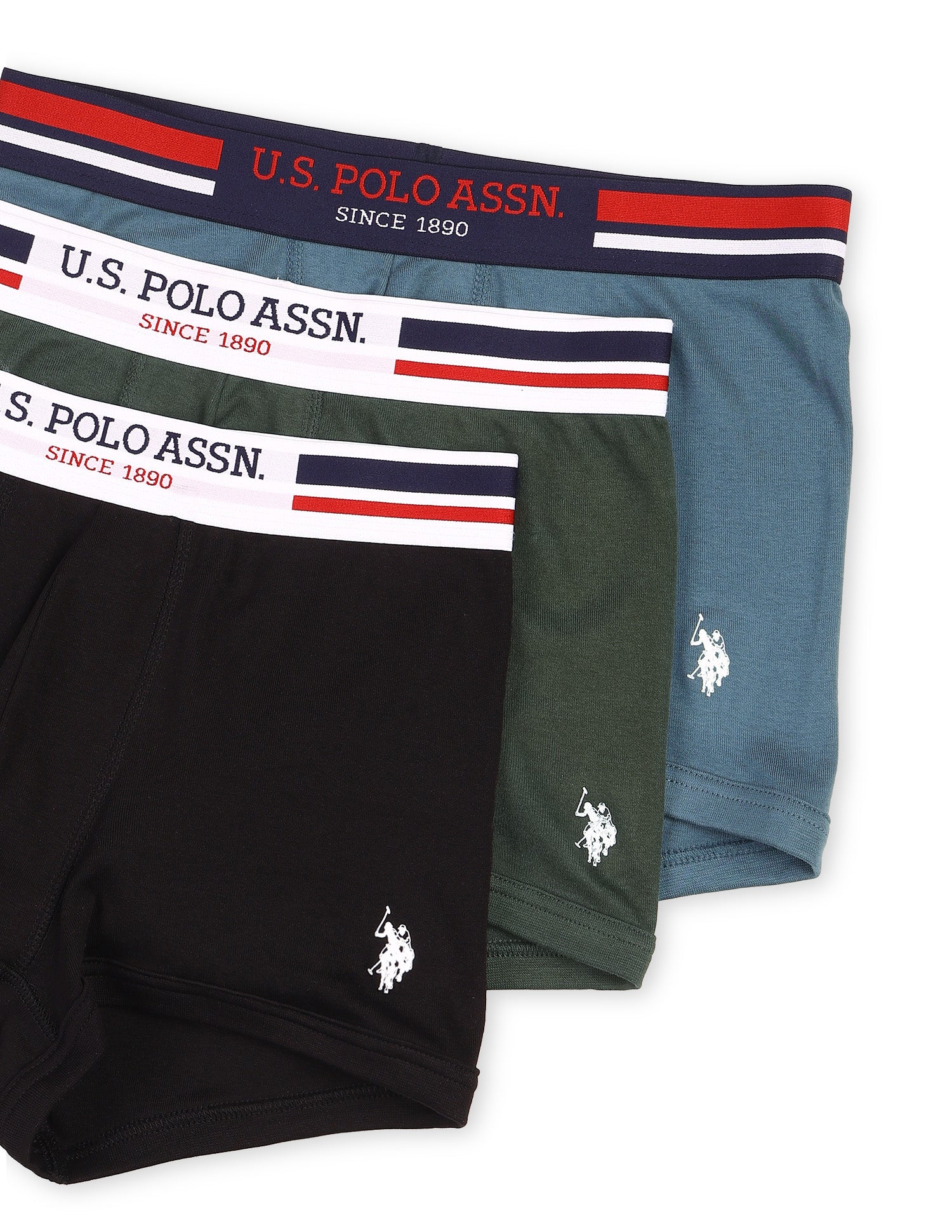 Elastic Waistband Ribbed I641 Trunks - Pack Of 3 Teal Grey- Black- Olive - U.S. Polo Assn. India | Large