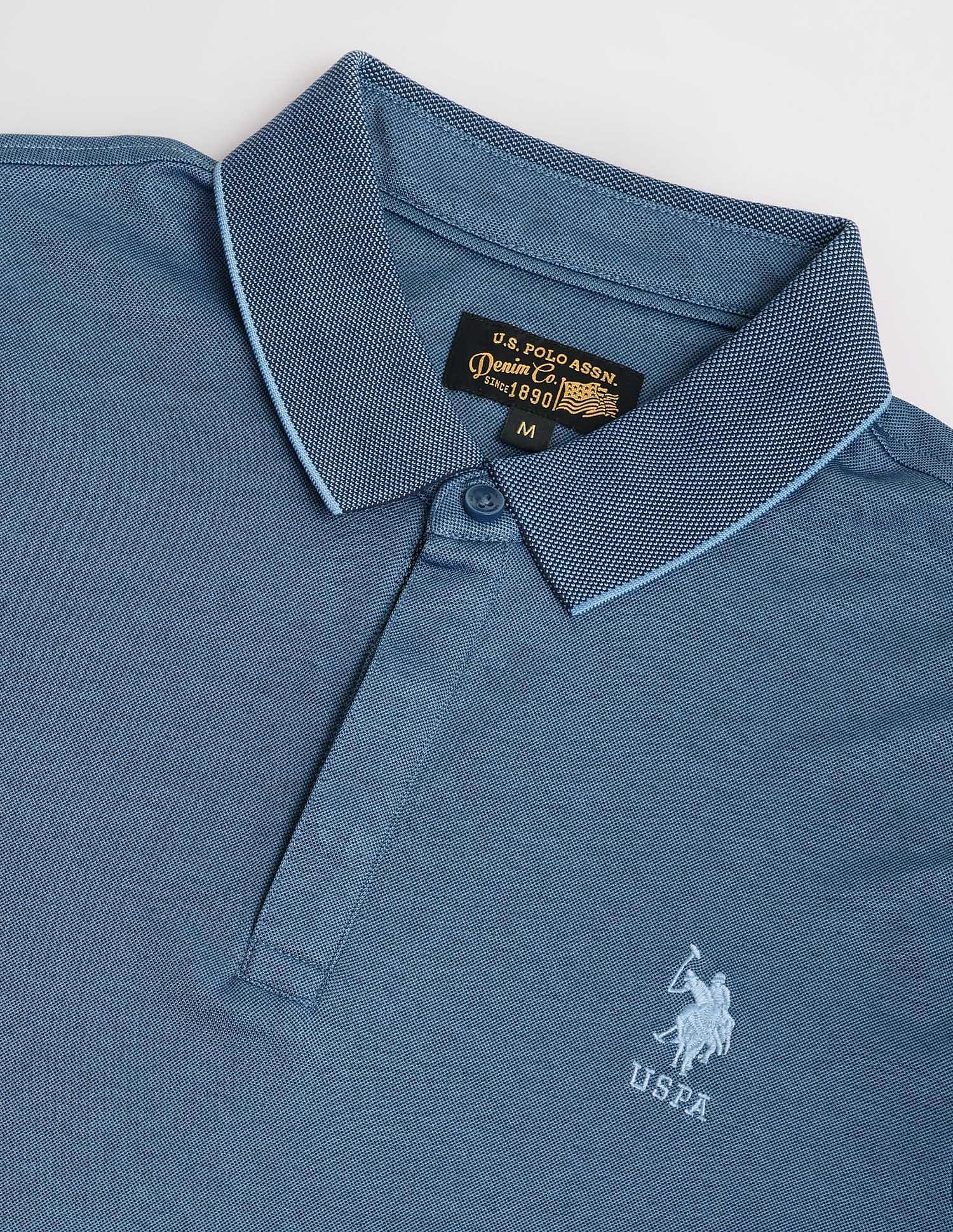 Ribbed Collar Solid Polo Shirt Blue - U.S. Polo Assn. India | Large