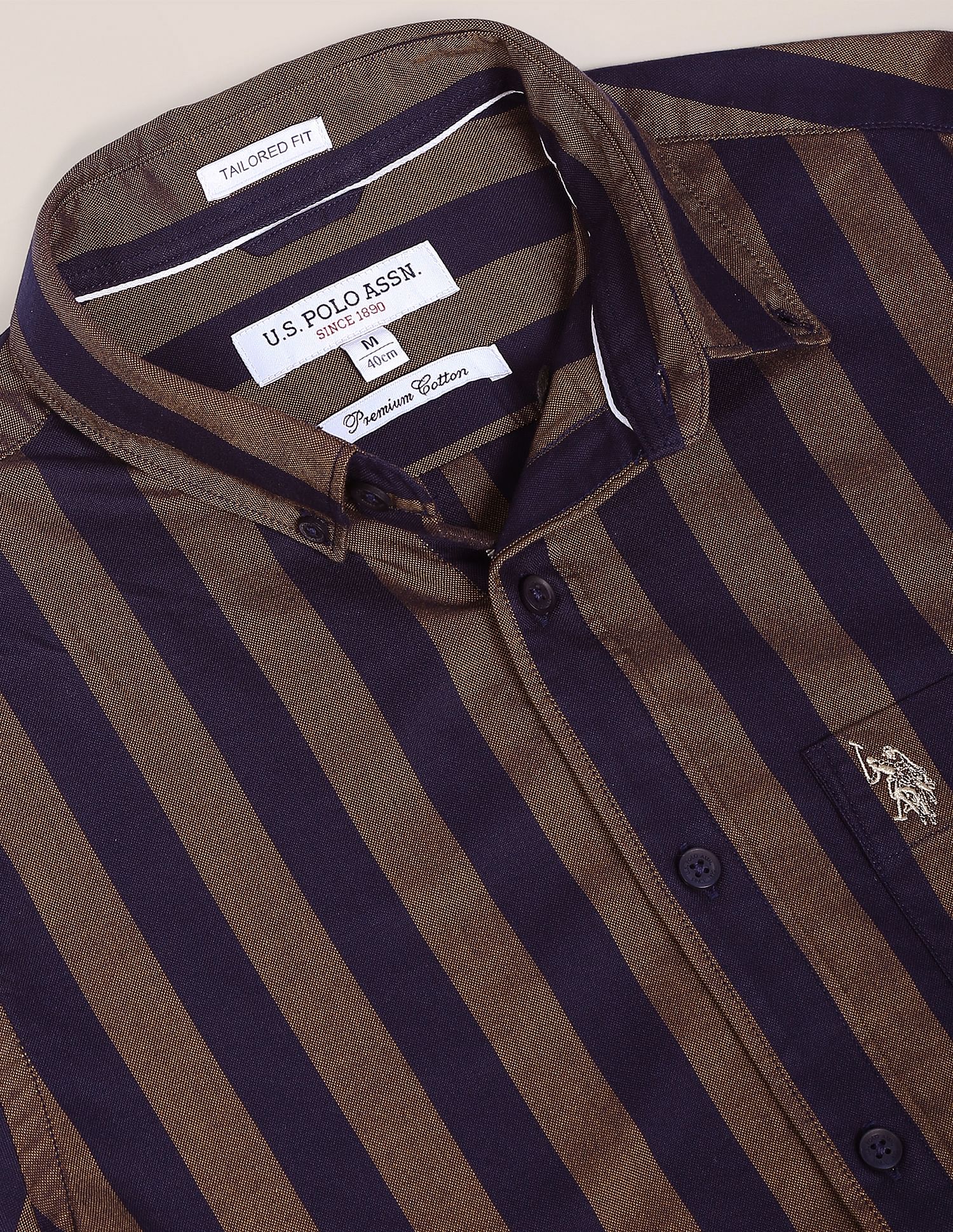 Vertical Stripe Oxford Casual Shirt Brown and Navy - U.S. Polo Assn. India | Large