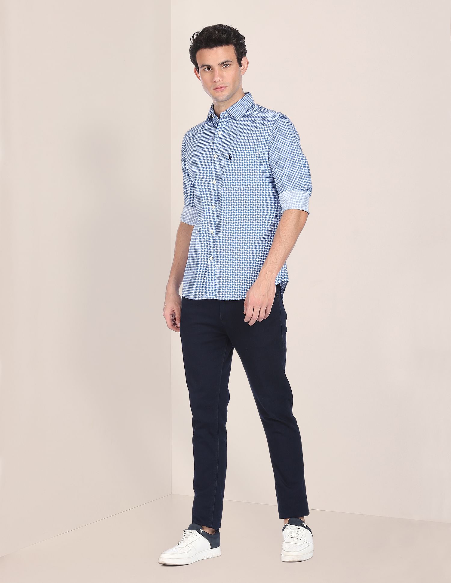 Men Blue Spread Collar Printed Casual Shirt Blue - U.S. POLO ASSN. | Large