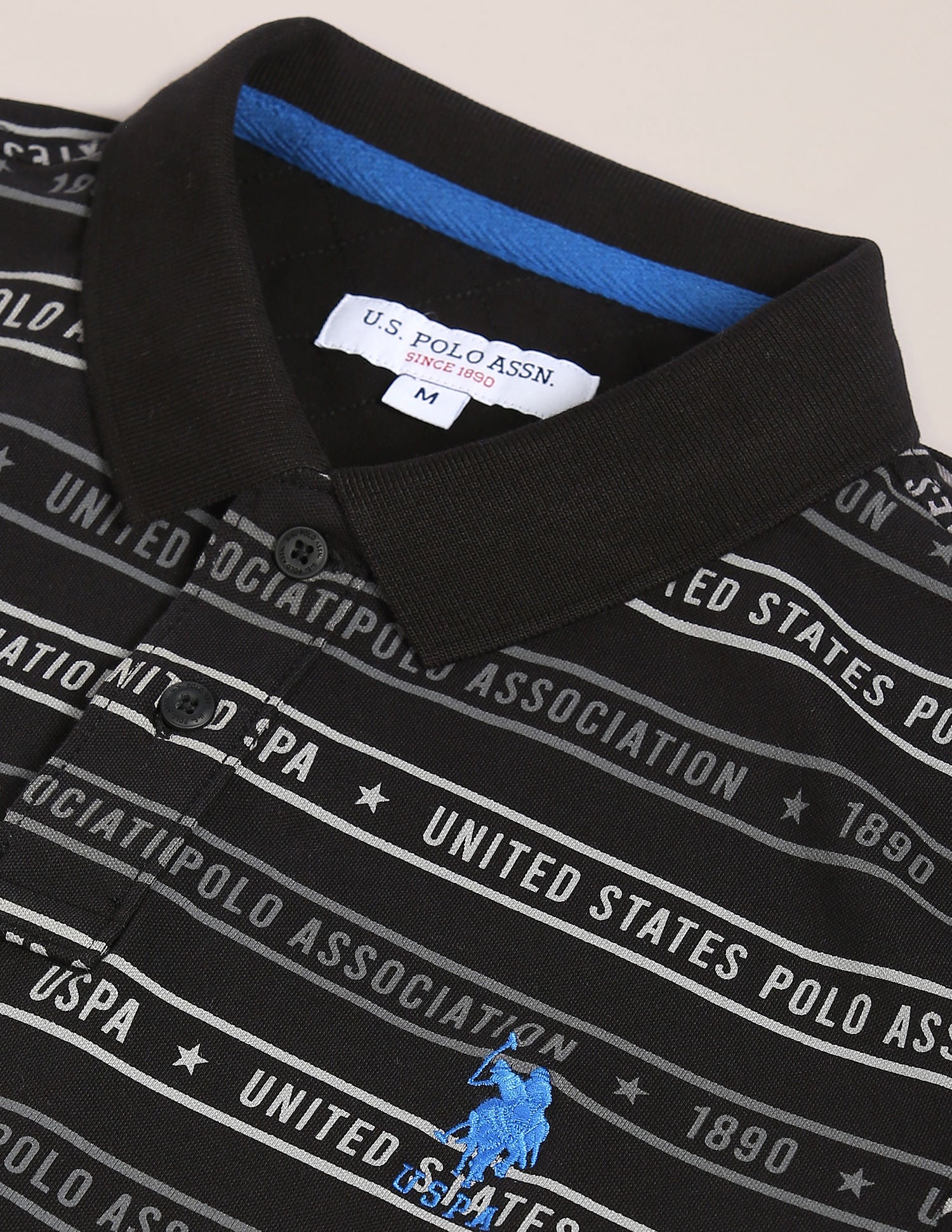 Ribbed Collar All Over Print Polo Shirt Black - U.S. Polo Assn. India | Large