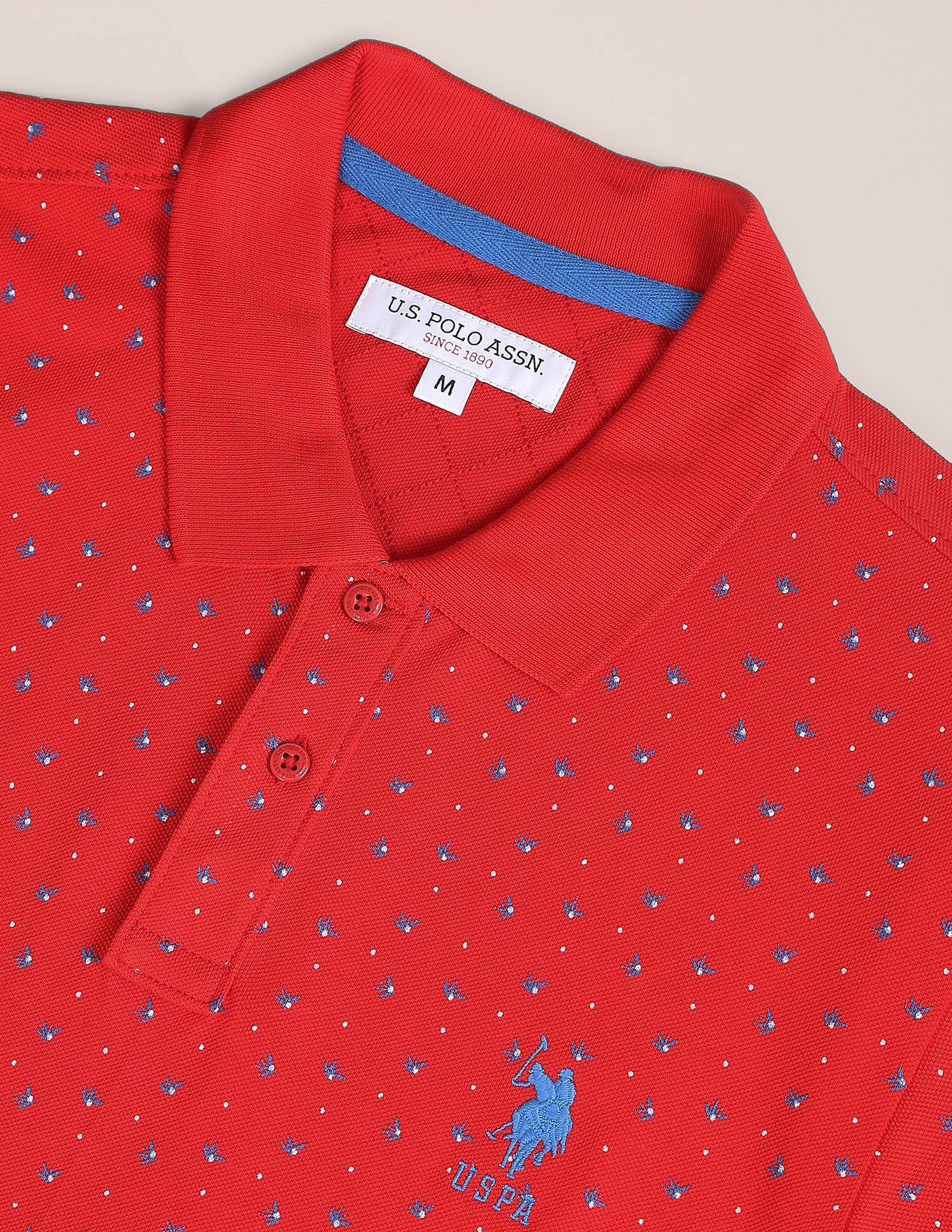 Graphic Print Ribbed Collar Polo Shirt Red - U.S. Polo Assn. India | Large