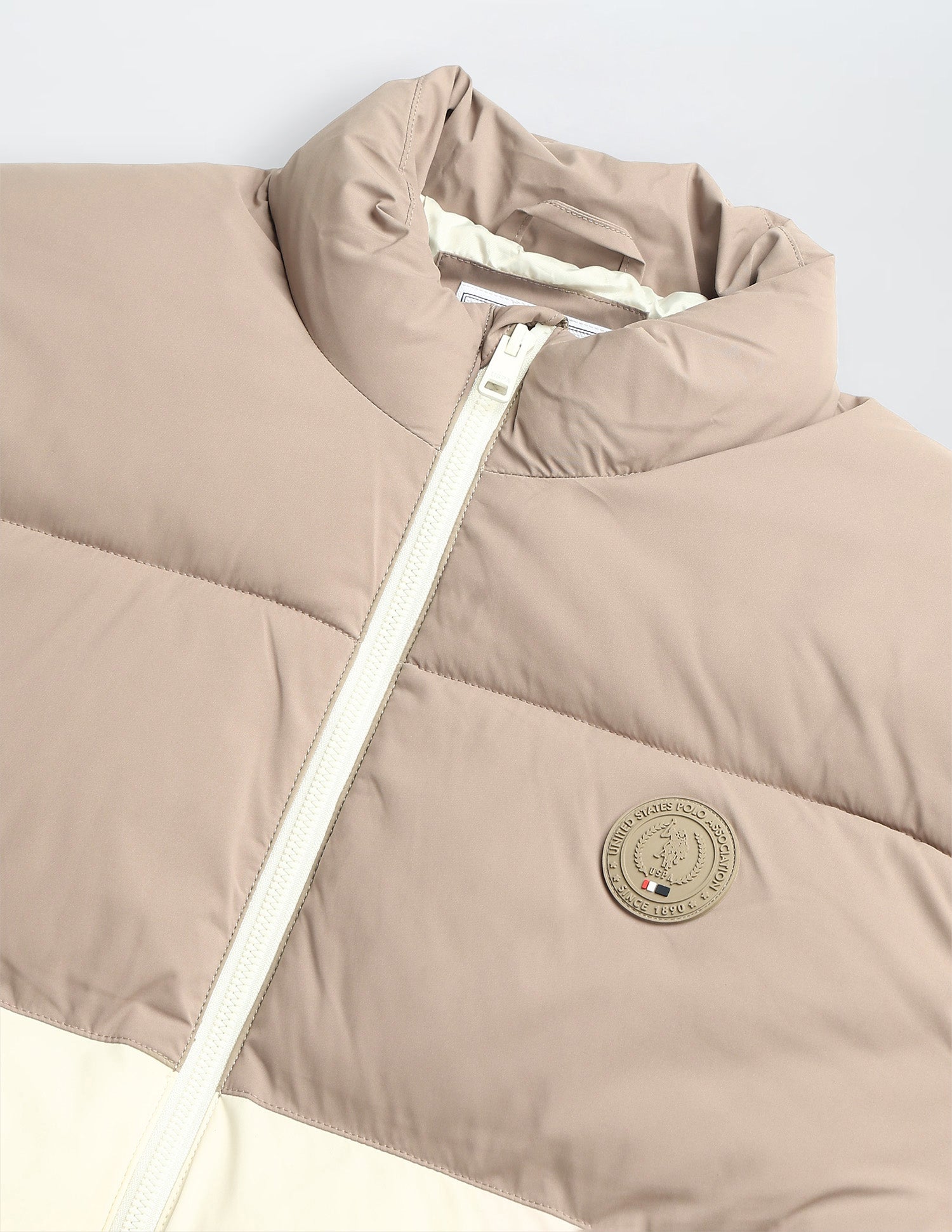 Colour Blocked Regular Fit Puffer Jacket Beige - U.S. Polo Assn. India | Large