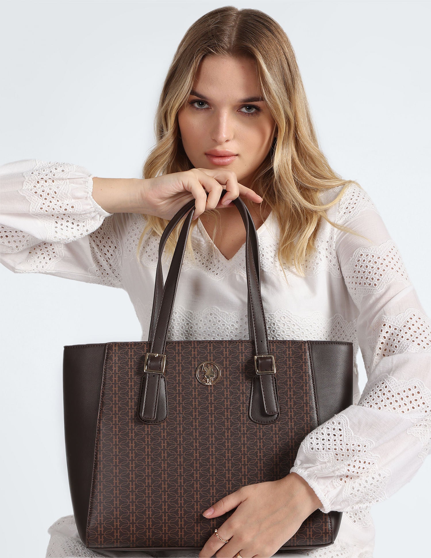 Geometric Print Panelled Tote Bag Brown - U.S. POLO ASSN. | Large