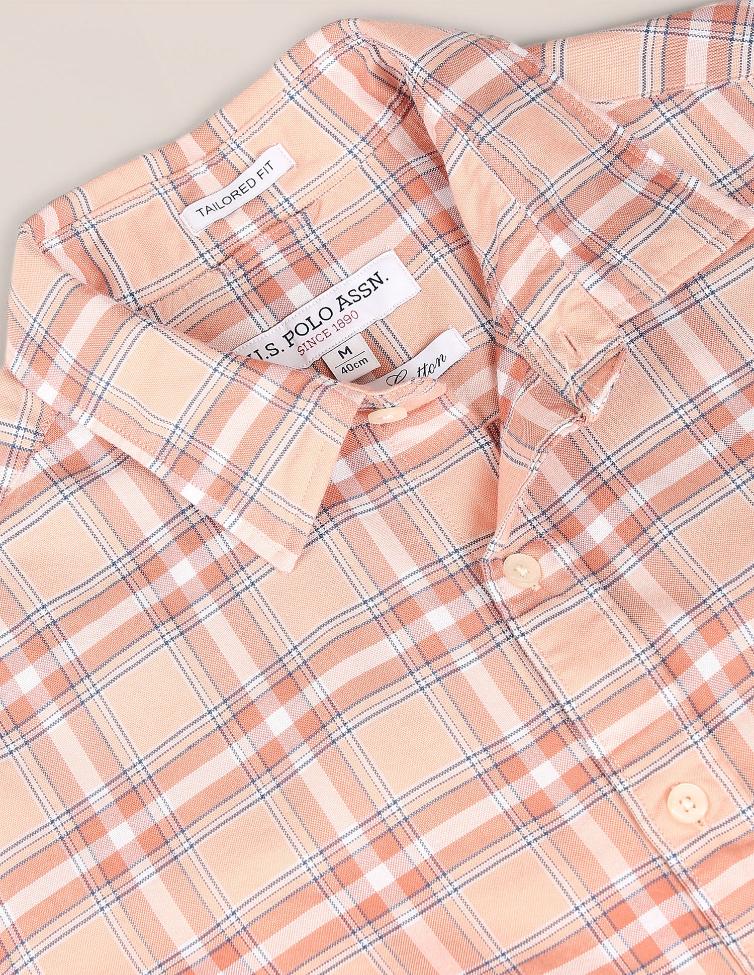 Spread Collar Tartan Check Shirt Peach - U.S. Polo Assn. India | Large