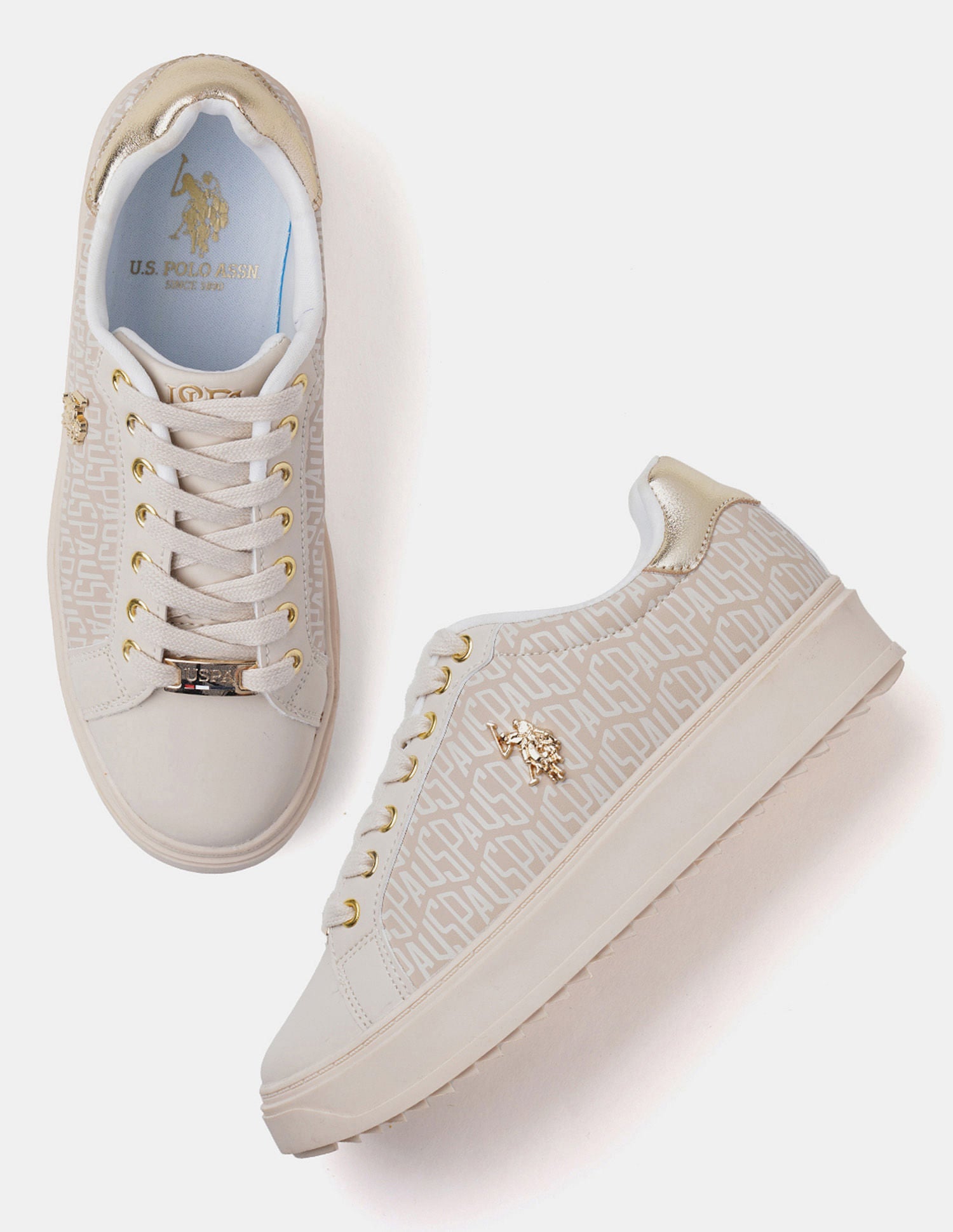 Round Toe Brand Printed Narcisa Sneakers Beige - U.S. Polo Assn. India | Large