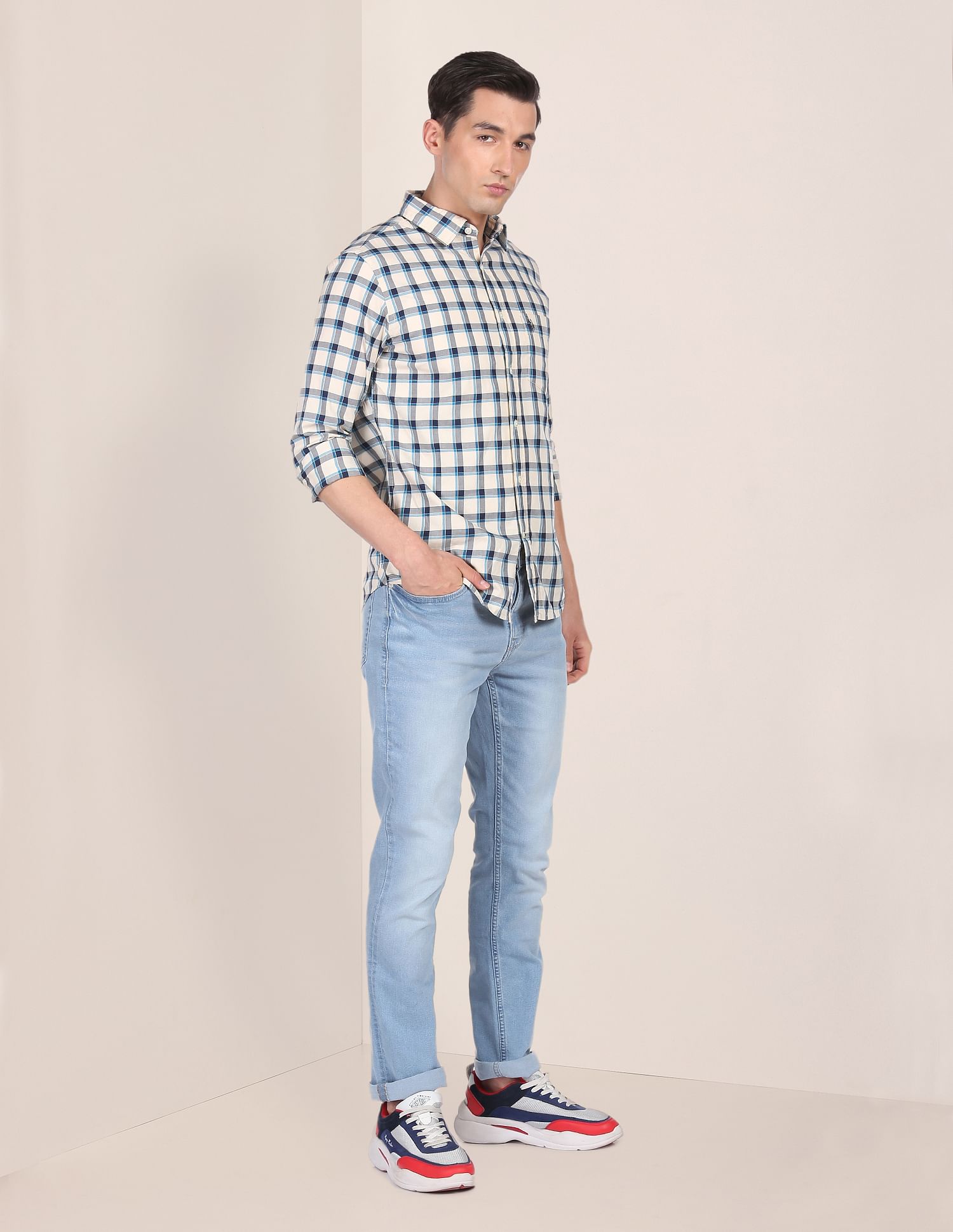 Men Off White Spread Collar Check Casual Shirt Off White - U.S. POLO ASSN. | Large