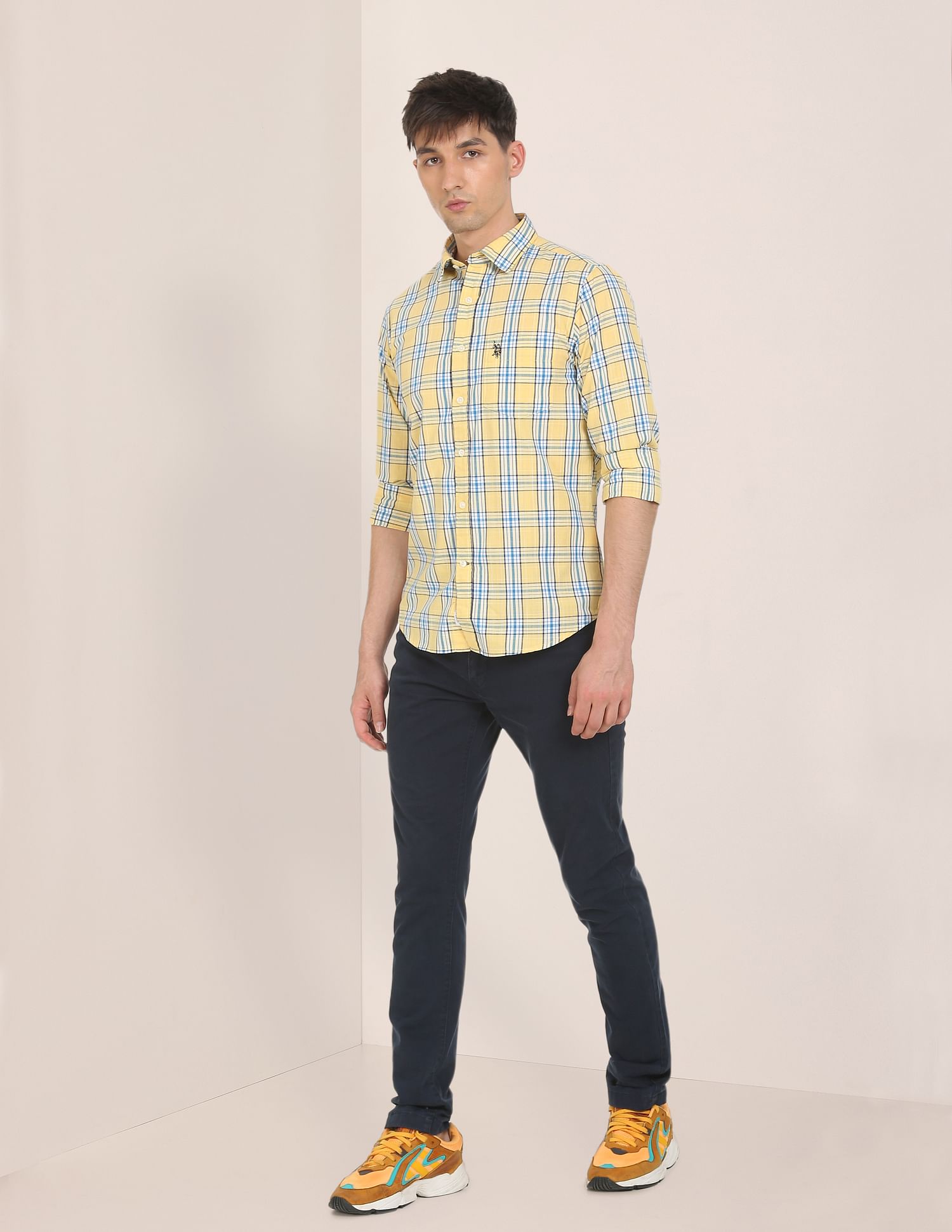 Men Yellow Spread Collar Check Cotton Casual Shirt Yellow - U.S. POLO ASSN. | Large
