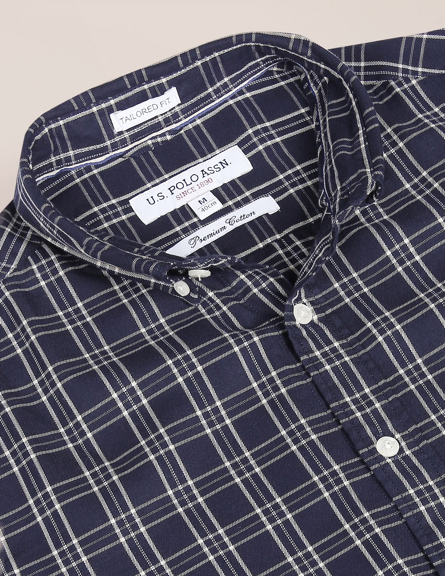 Men Navy Button Down Collar Check Casual Shirt Navy - U.S. POLO ASSN. | Large