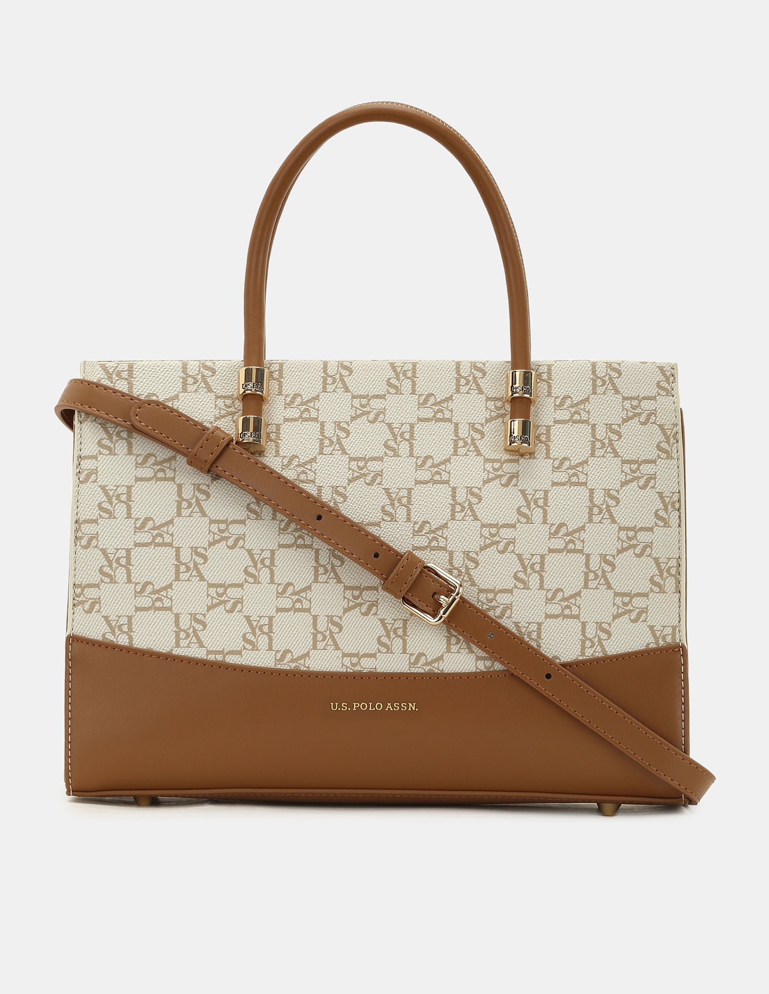 Women Bijou Monogram Satchel Bag With Convertible Strap Beige - U.S. POLO ASSN. | Large