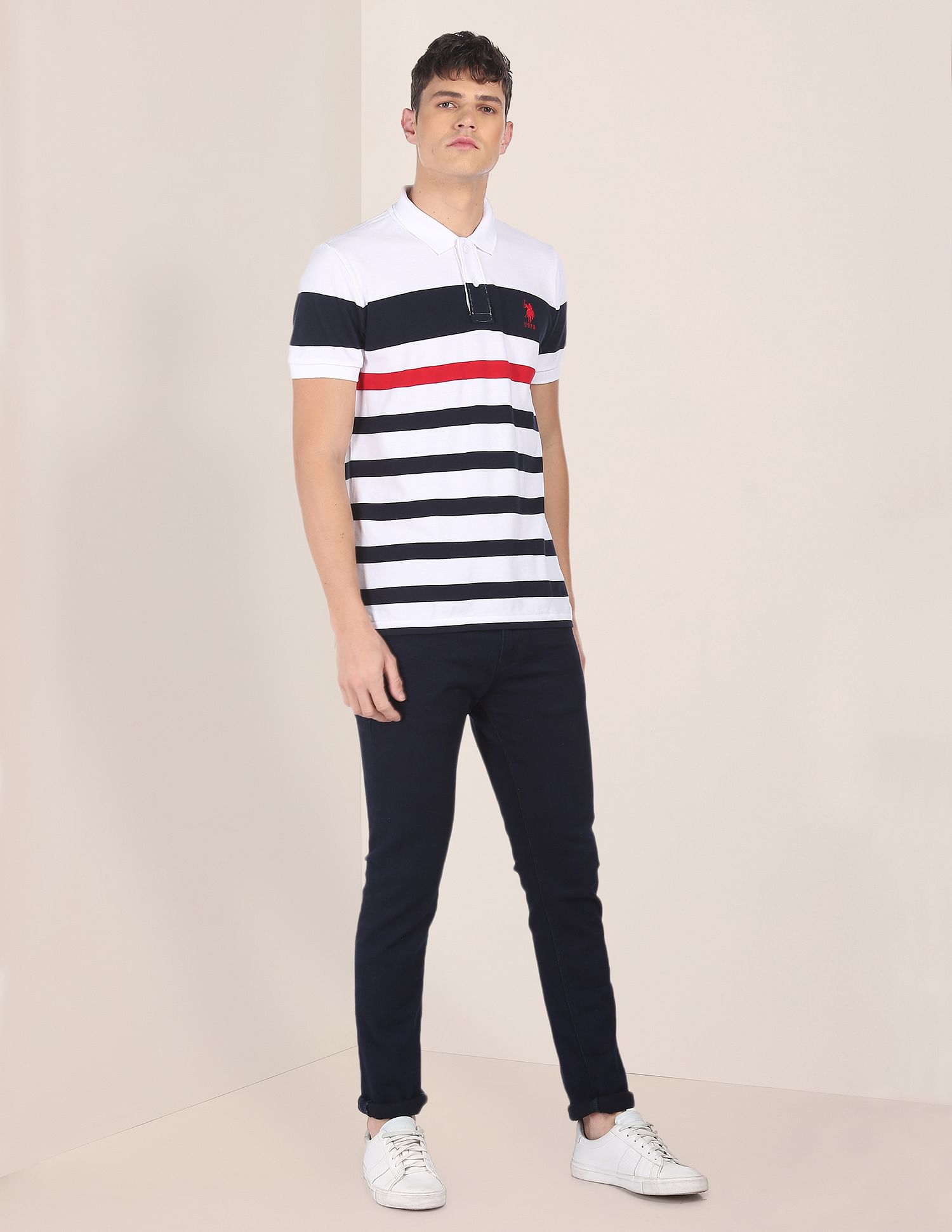 Men White Cotton Striped Polo Shirt White - U.S. Polo Assn. India | Large