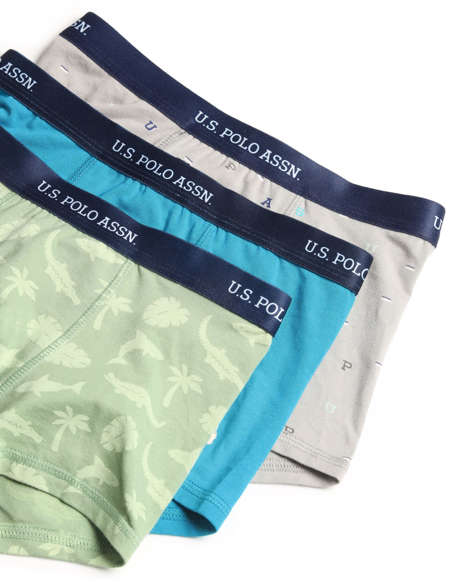 Boys Mid Rise Cotton Spandex Trunks - Pack Of 3 Green, Grey and Blue - U.S. POLO ASSN. | Large