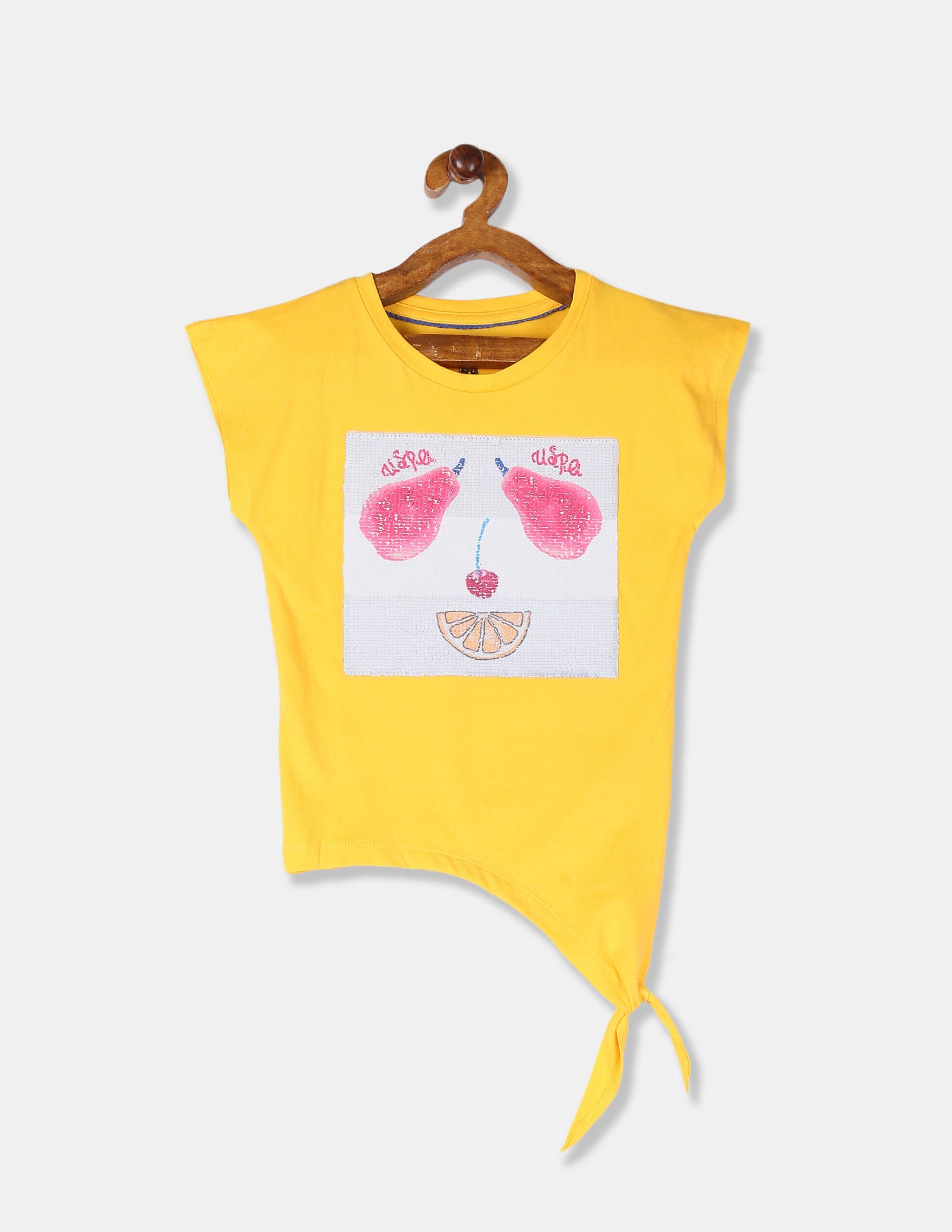 Girls Yellow Flippy Sequin Embellished Tie Up Hem T-Shirt Yellow - U.S. POLO ASSN. | Large