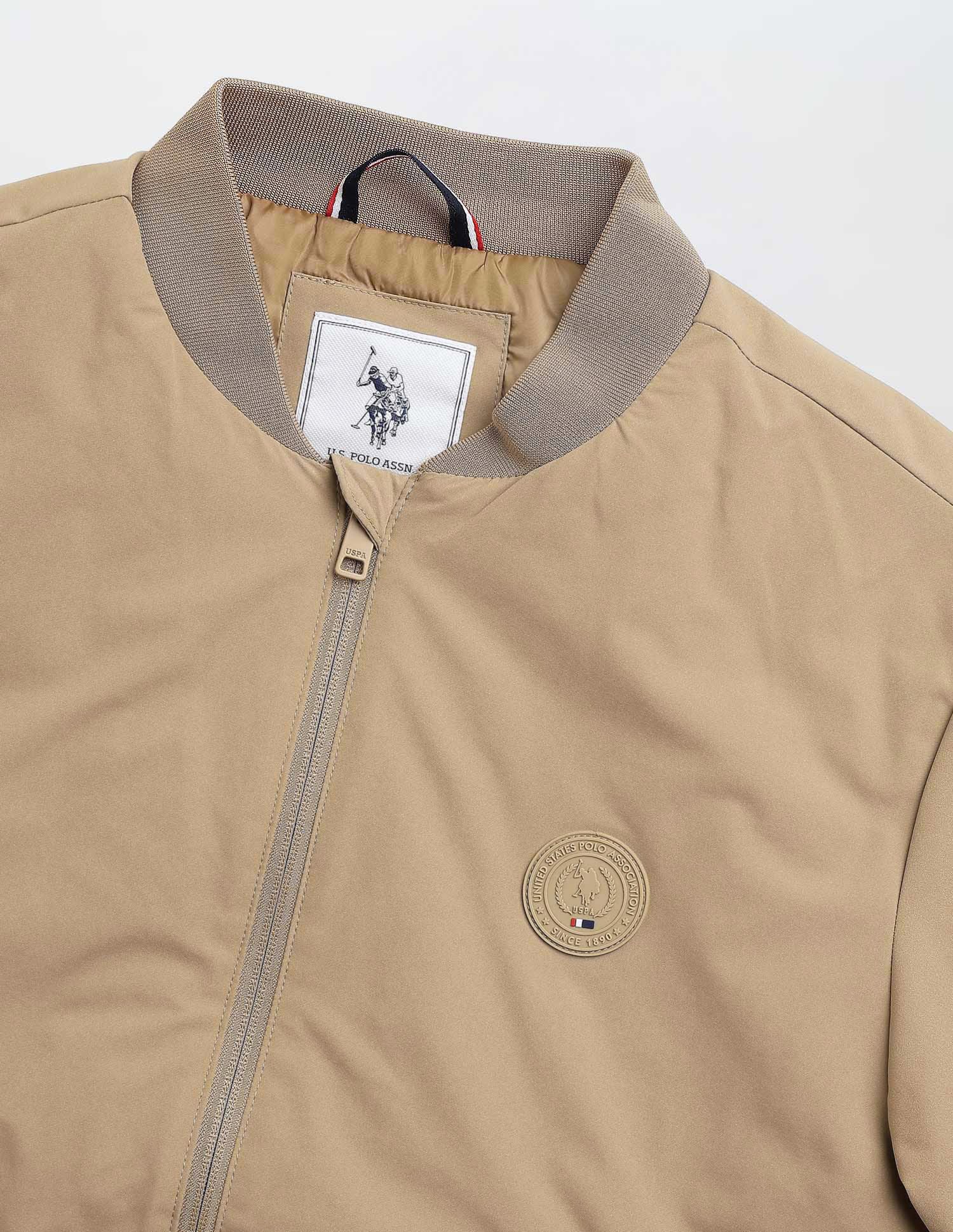 Solid Regular Fit Bomber Jacket Khaki - U.S. Polo Assn. India | Large