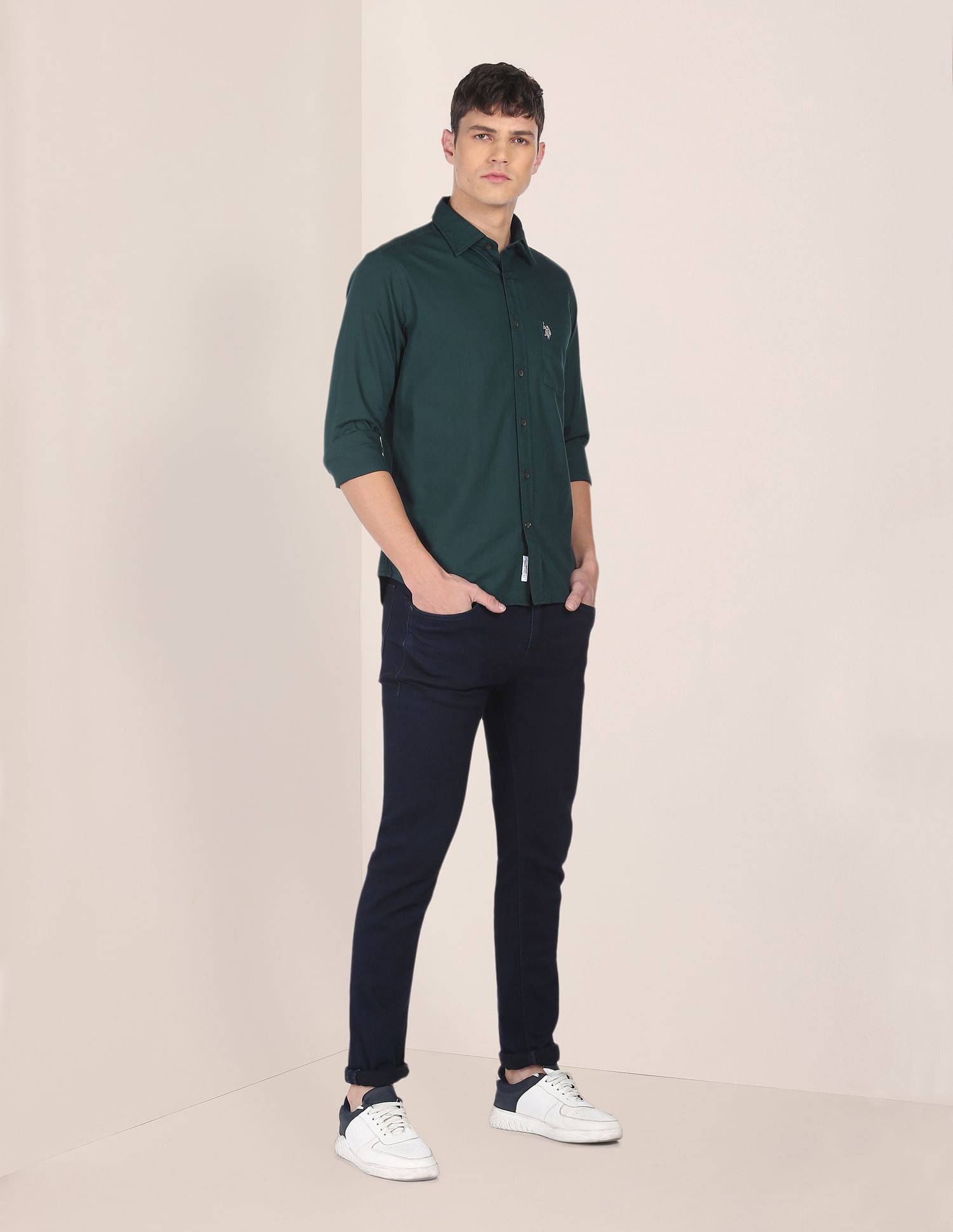 Men Dark Green Spread Collar Solid Casual Shirt Dark Green - U.S. POLO ASSN. | Large