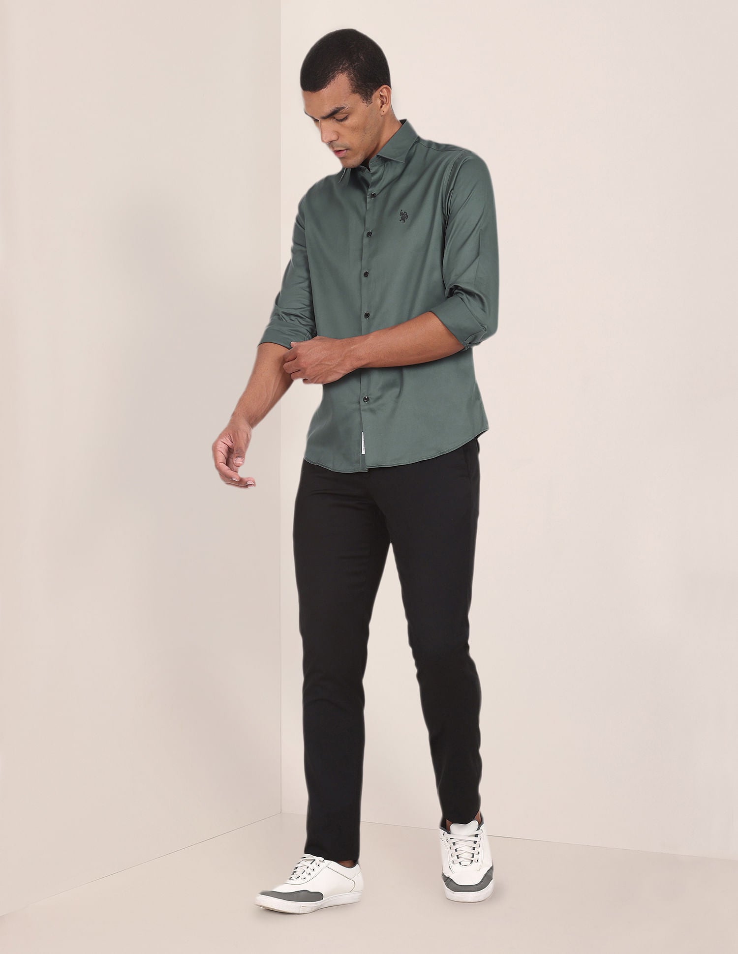 Spread Collar Cotton Stretch Shirt Sage Green - U.S. POLO ASSN. | Large