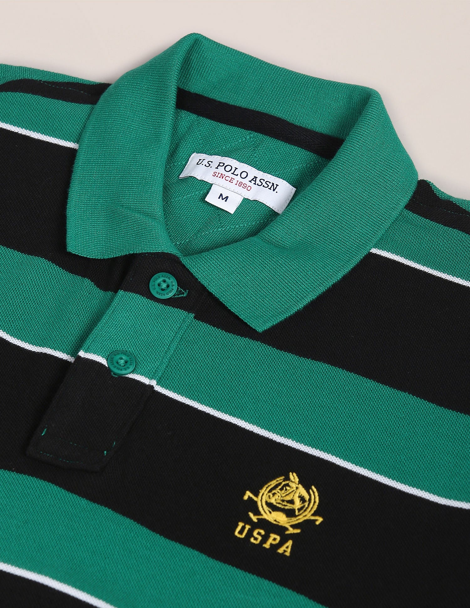 Horizontal Stripe Pique Knit Cotton Polo Shirt Green - U.S. Polo Assn. India | Large