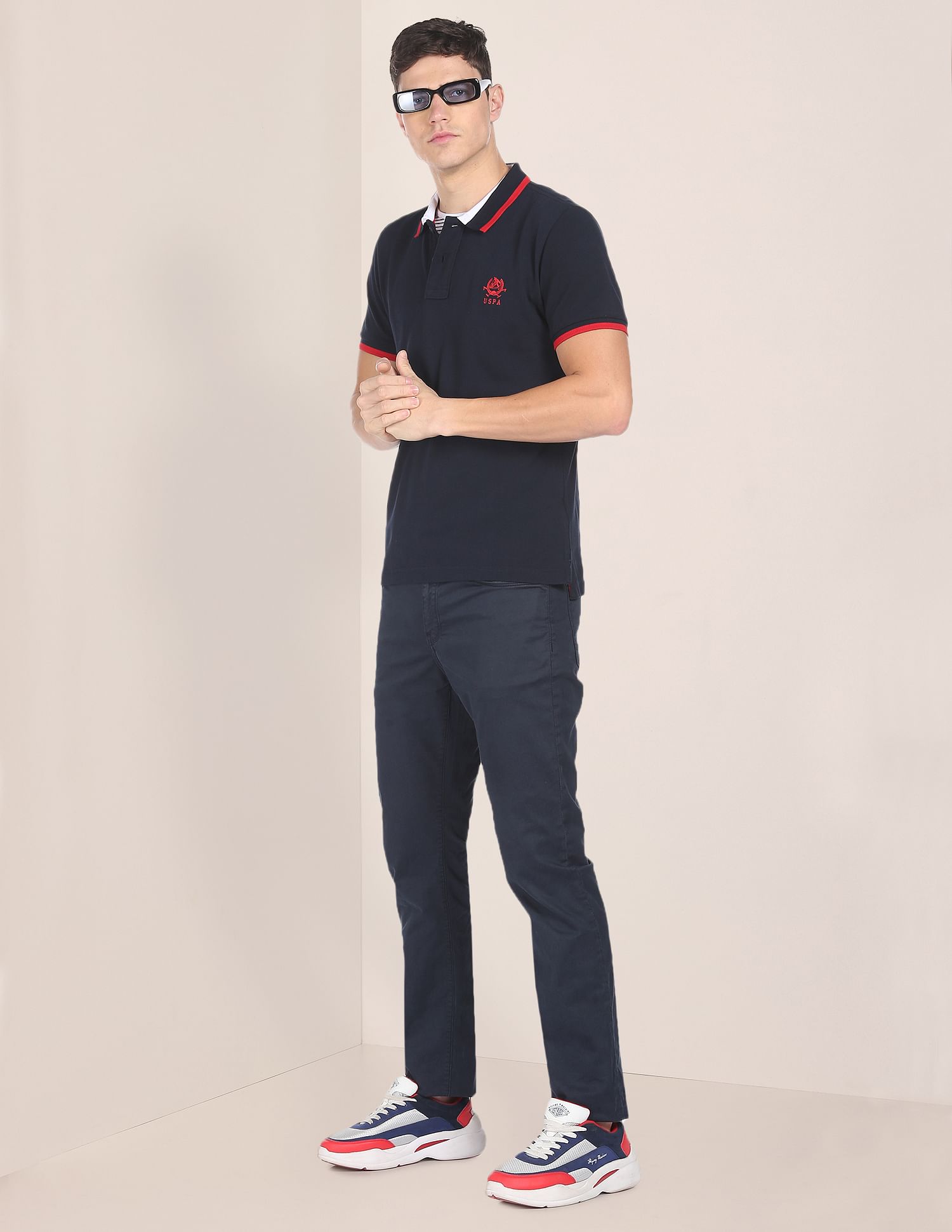 Men Navy Cotton Solid Polo Shirt Navy - U.S. POLO ASSN. | Large