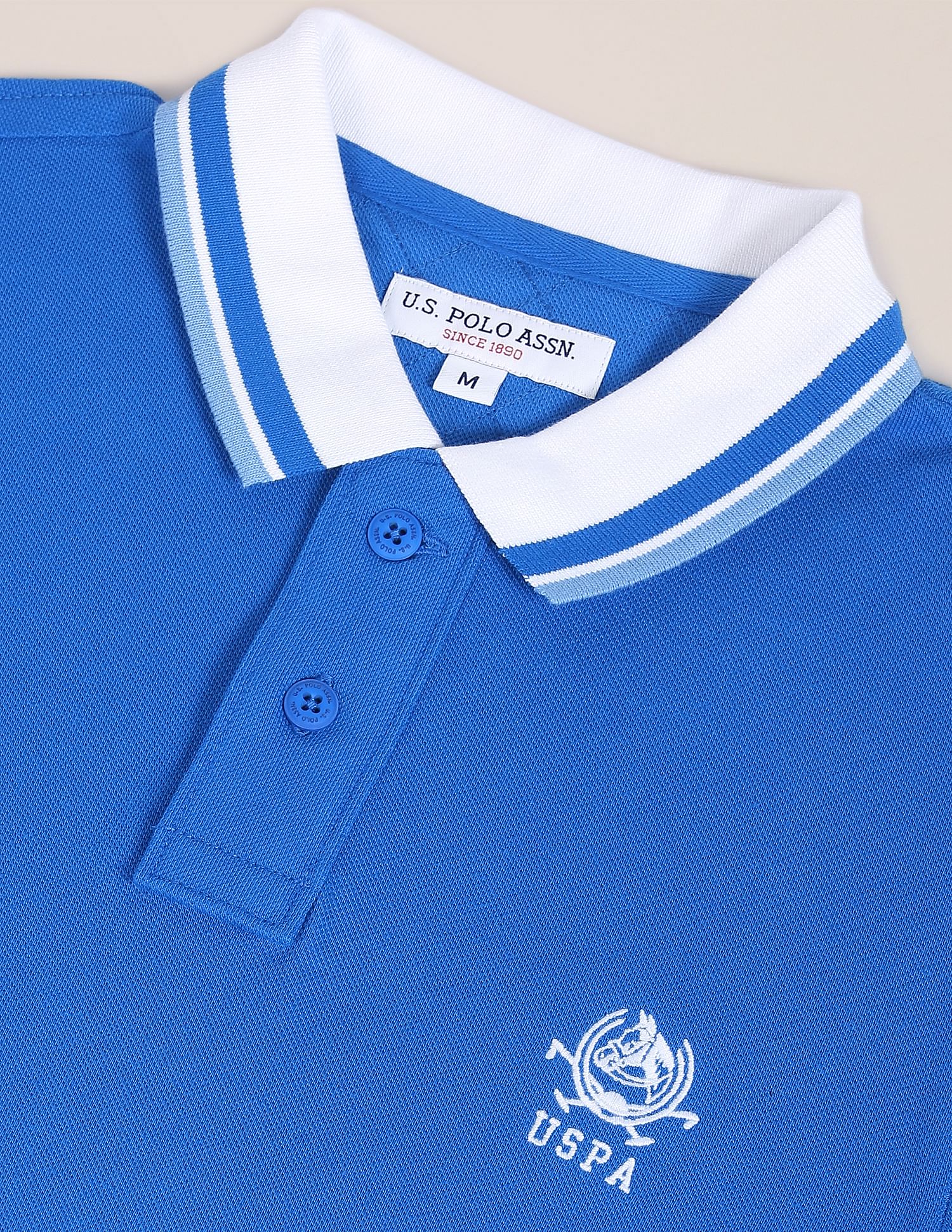 Ribbed Collar Brand Logo Polo Shirt Blue - U.S. POLO ASSN. | Large