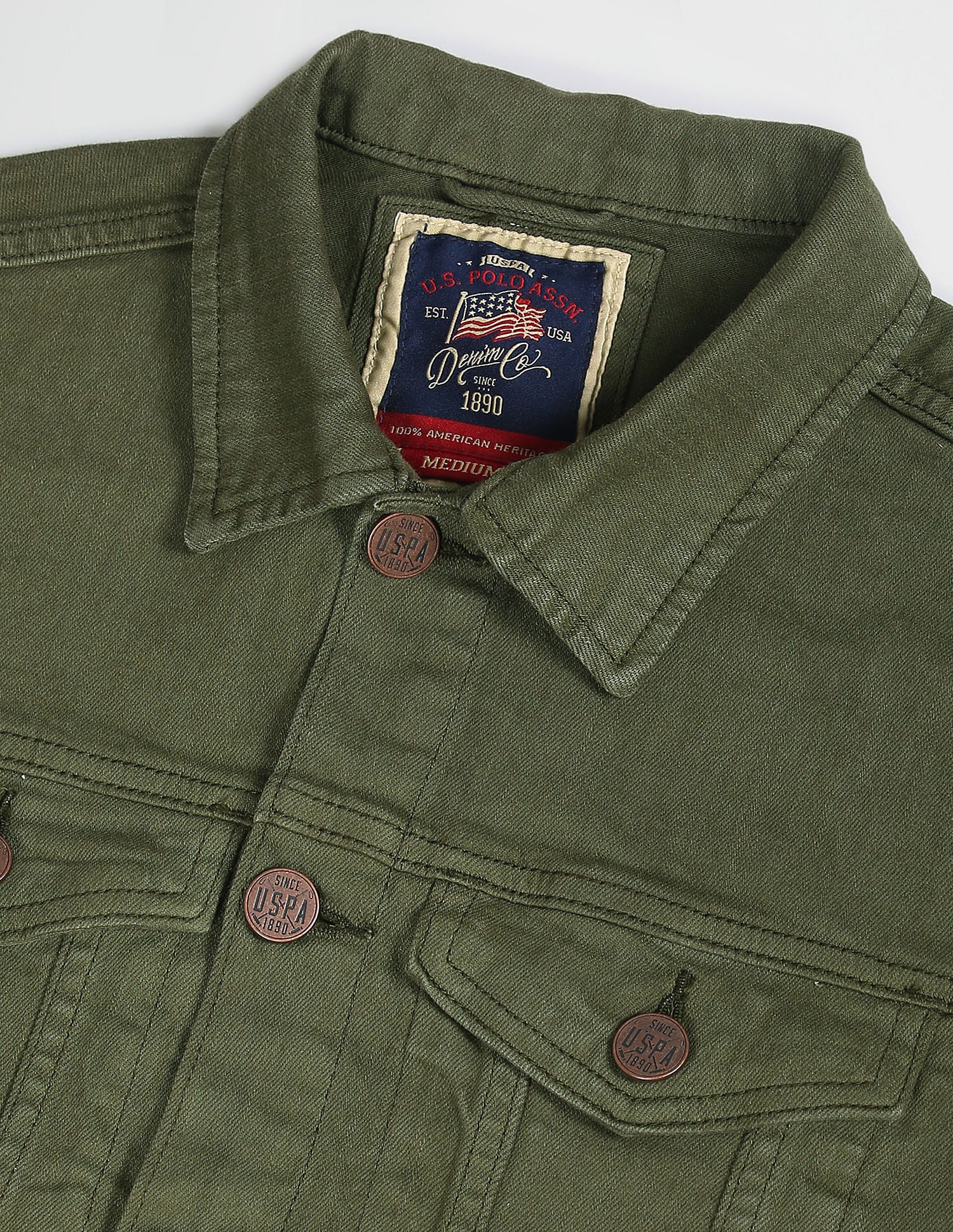 Panelled Solid Denim Jacket Olive - U.S. Polo Assn. India | Large