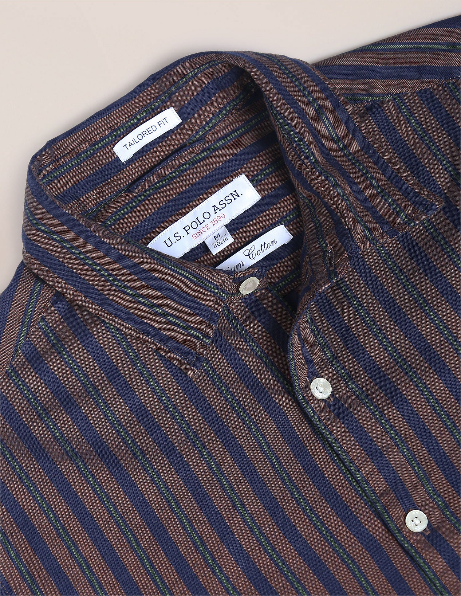 Vertical Stripe Dobby Shirt Brown and Navy - U.S. Polo Assn. India | Large