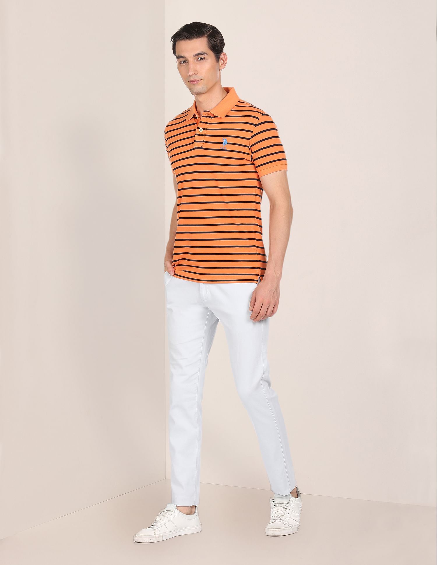 Ribbed Collar Horizontal Stripe Polo Shirt Orange - U.S. Polo Assn. India | Large