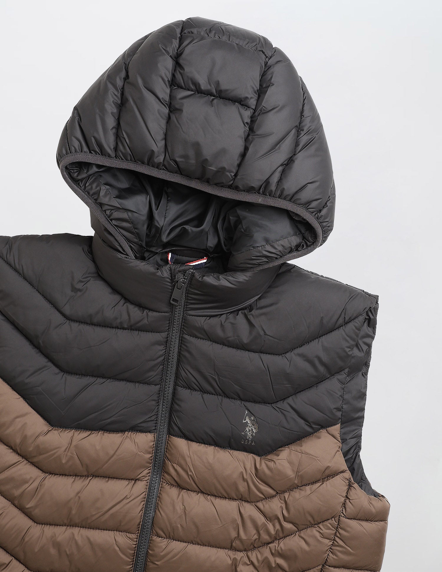 Colour Blocked Removable Hood Puffer Jacket Dark Brown - U.S. POLO ASSN. | Large