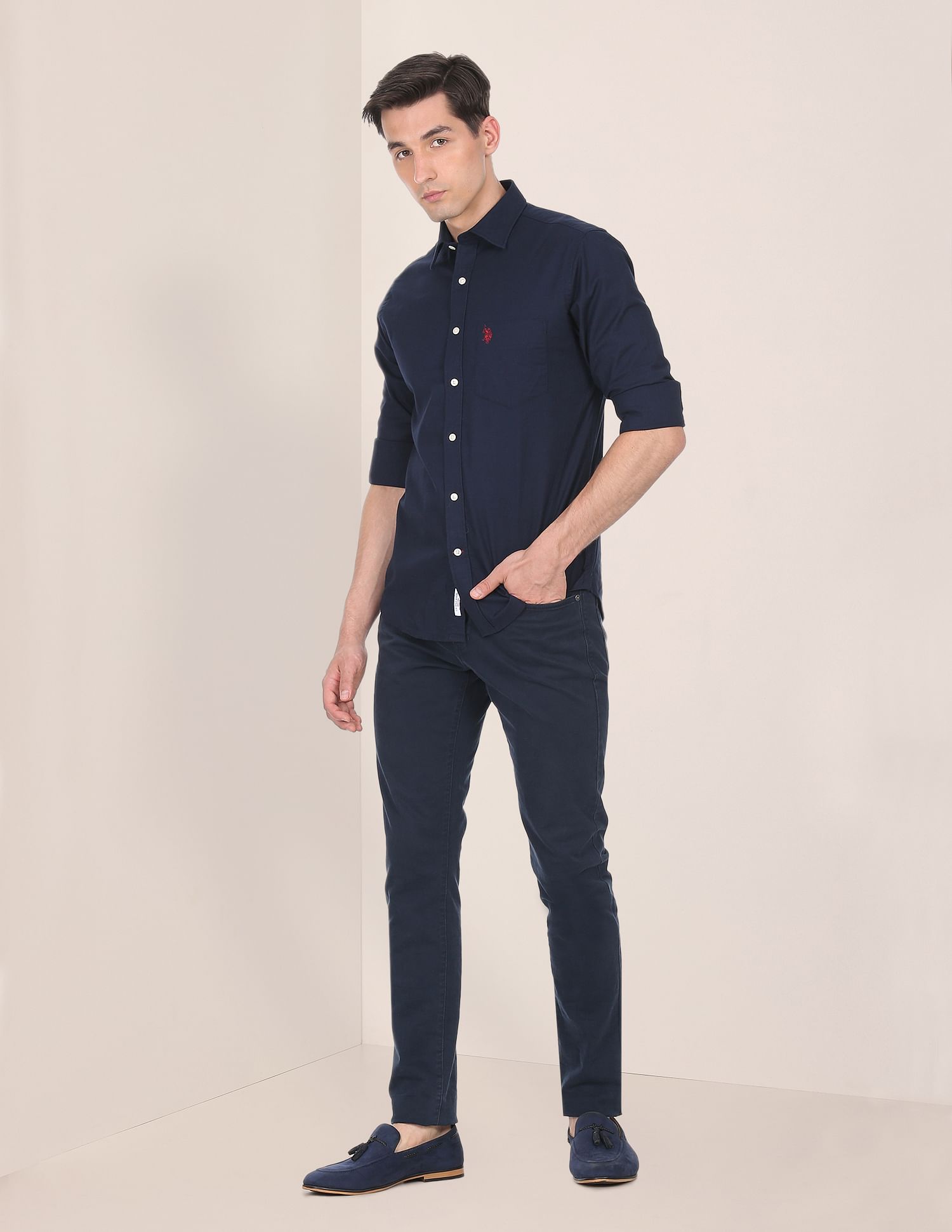 Spread Collar Solid Casual Shirt Navy - U.S. POLO ASSN. | Large