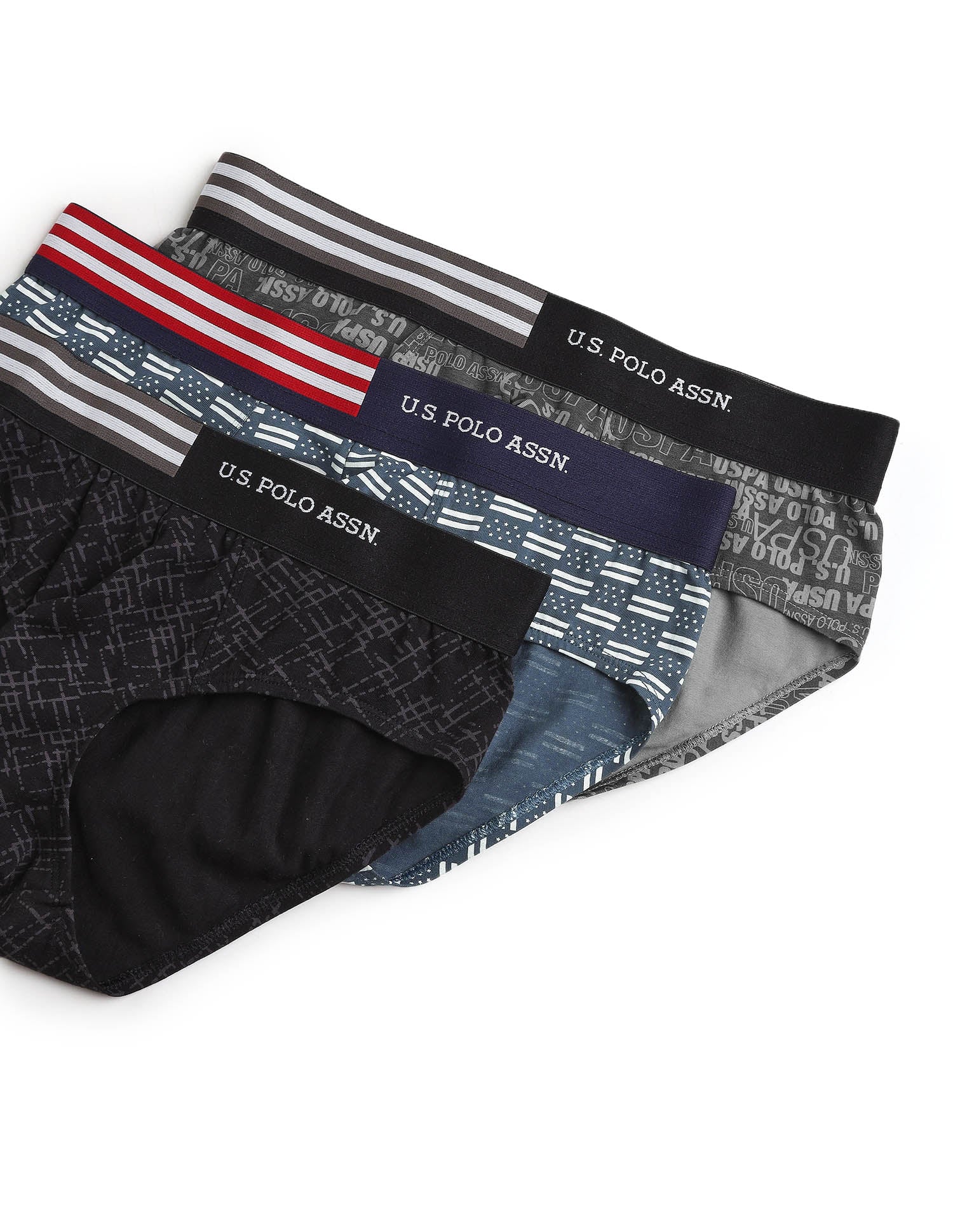 Printed Low Rise OEB20 Briefs - Pack Of 3 Uspa Black, Orion Blue and Asphalight - U.S. Polo Assn. India | Large