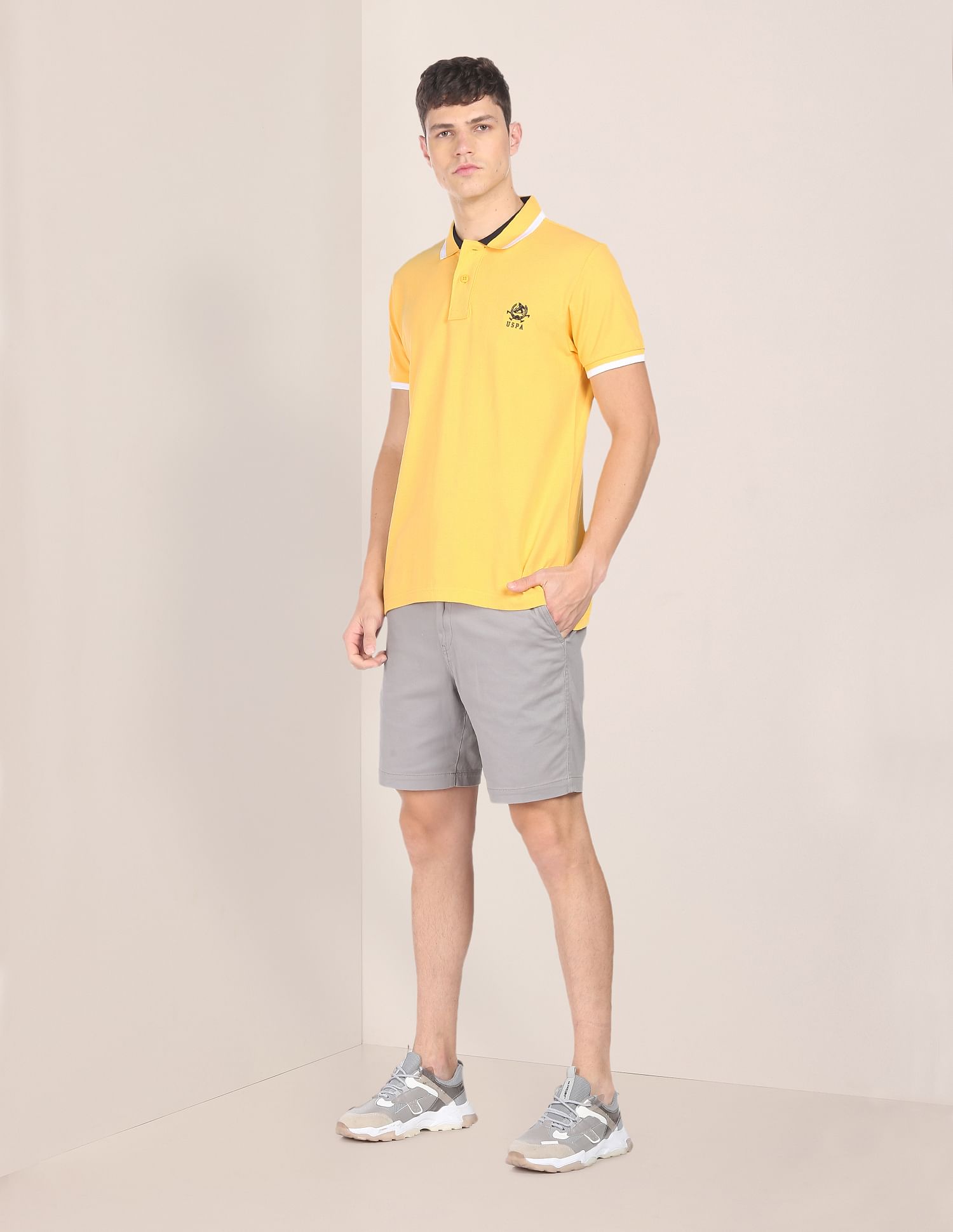 Men Yellow Cotton Solid Polo Shirt Yellow - U.S. Polo Assn. India | Large
