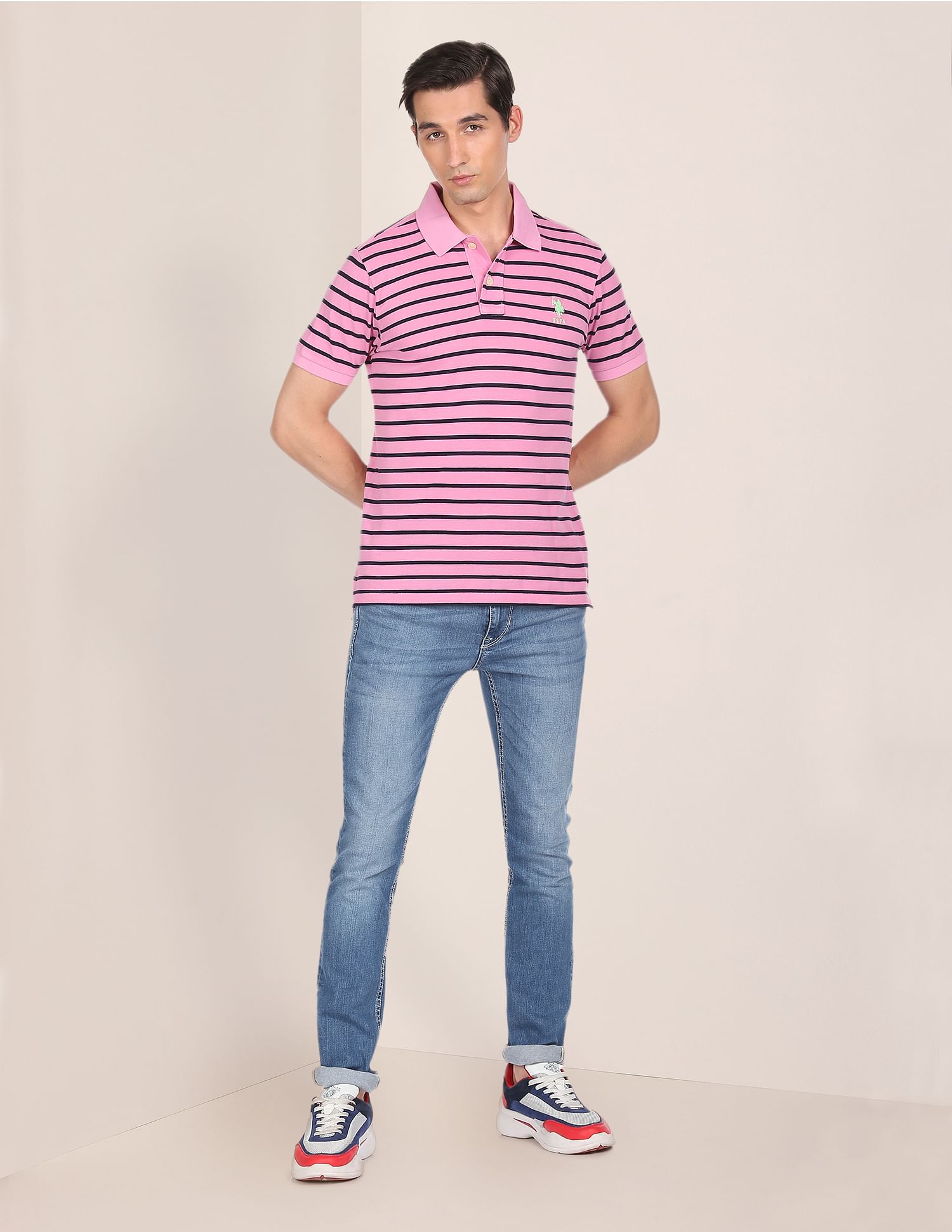 Ribbed Collar Horizontal Stripe Polo Shirt Pink - U.S. Polo Assn. India | Large
