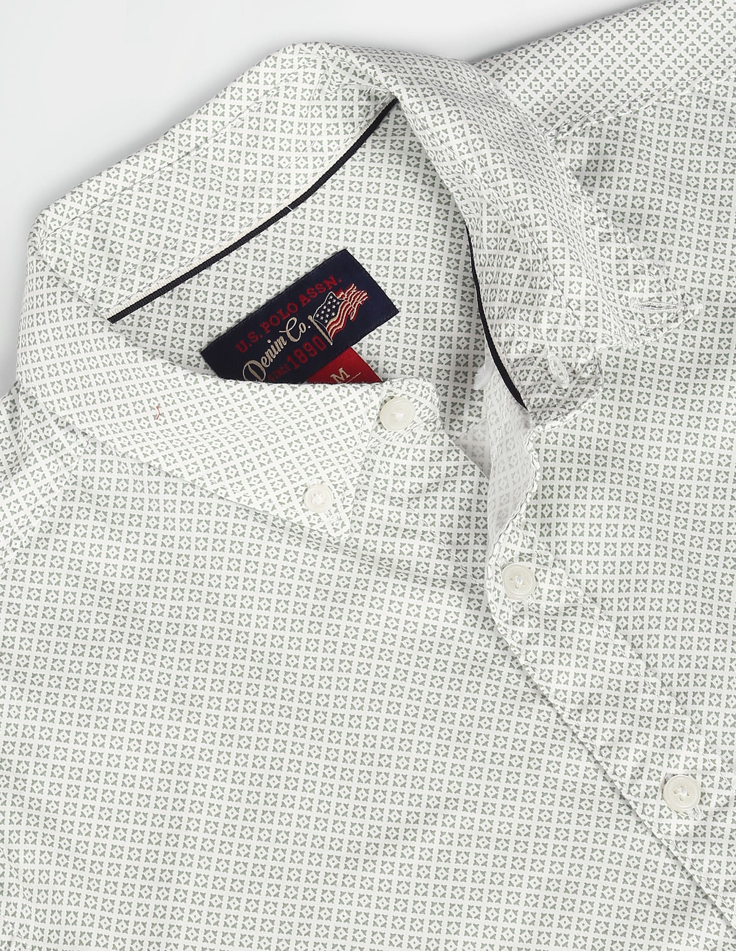 Button Down Collar Geometric Print Shirt Ivory and Green - U.S. Polo Assn. India | Large
