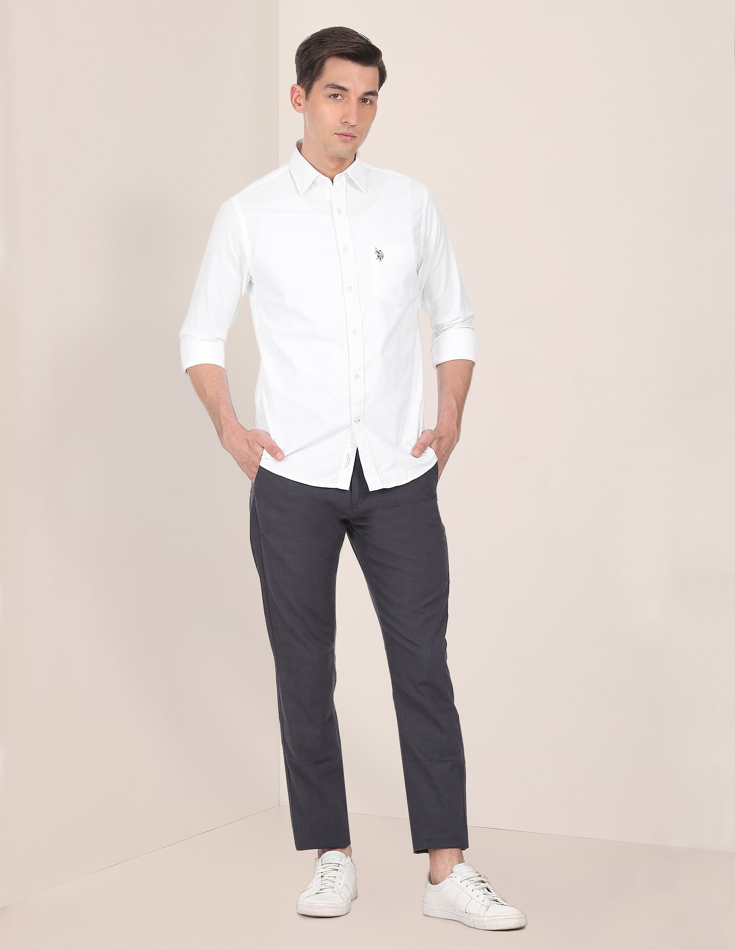 Spread Collar Solid Casual Shirt White - U.S. POLO ASSN. | Large