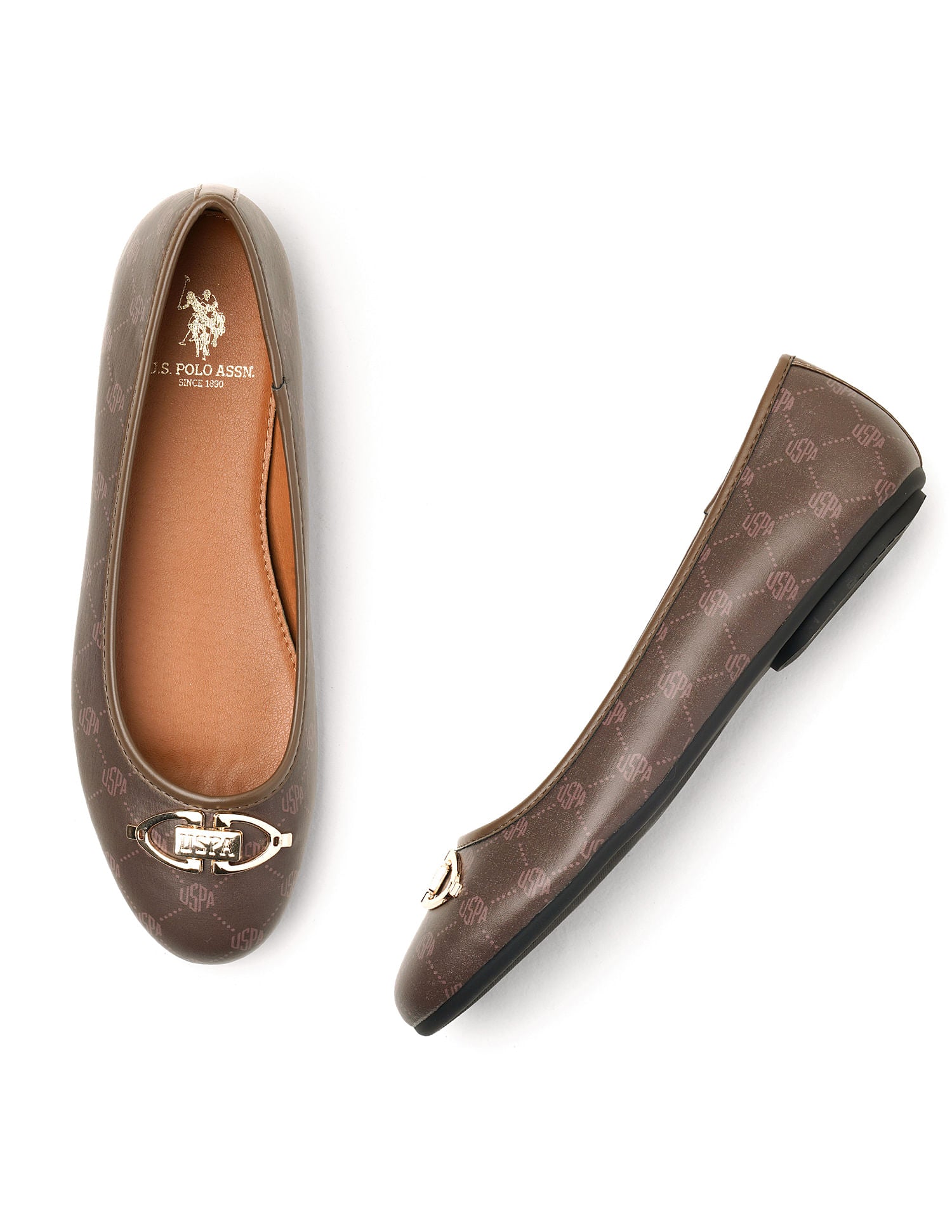 Panelled All Over Monogram Gloria Ballerinas Tan - U.S. Polo Assn. India | Large