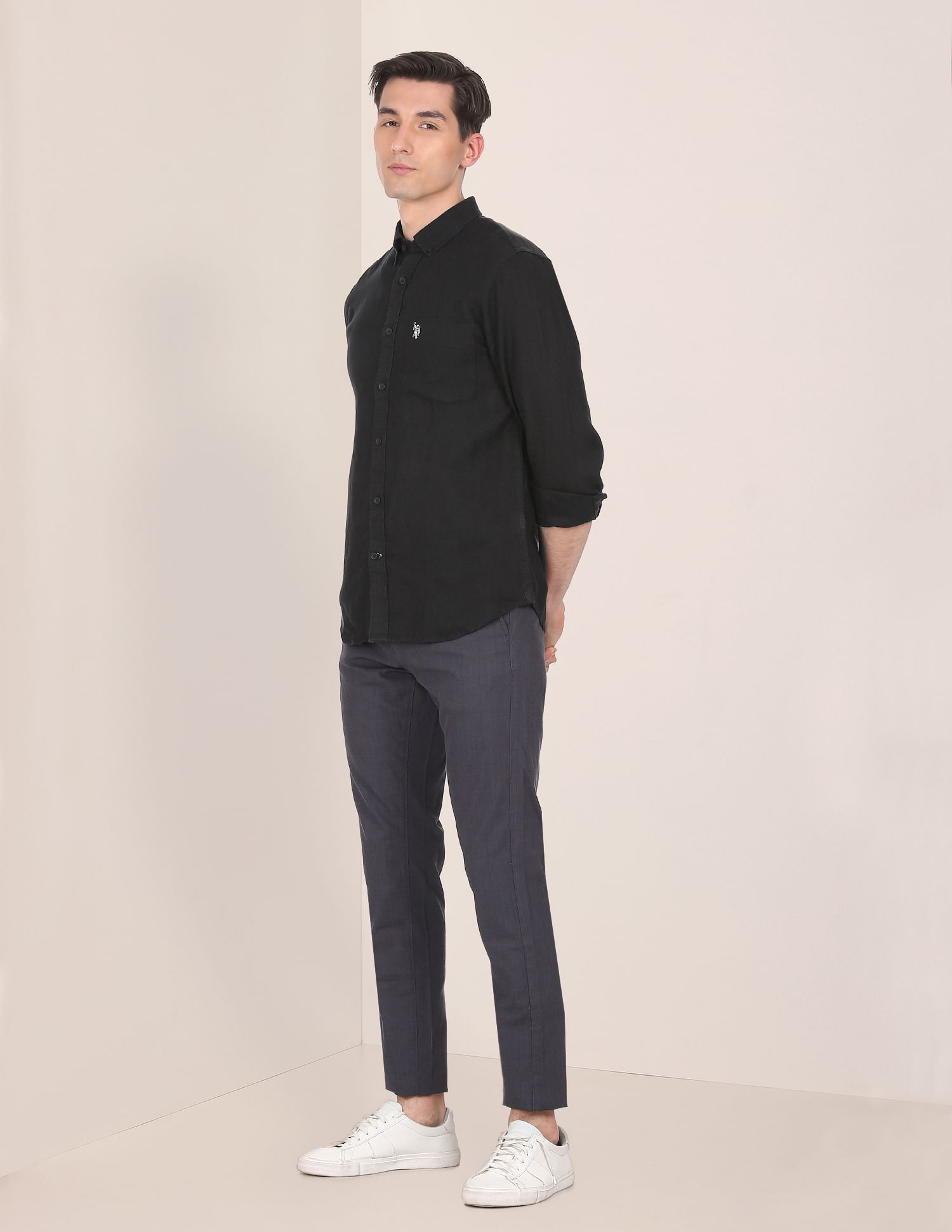 Men Black Button Down Collar Linen Solid Casual Shirt Black - U.S. POLO ASSN. | Large